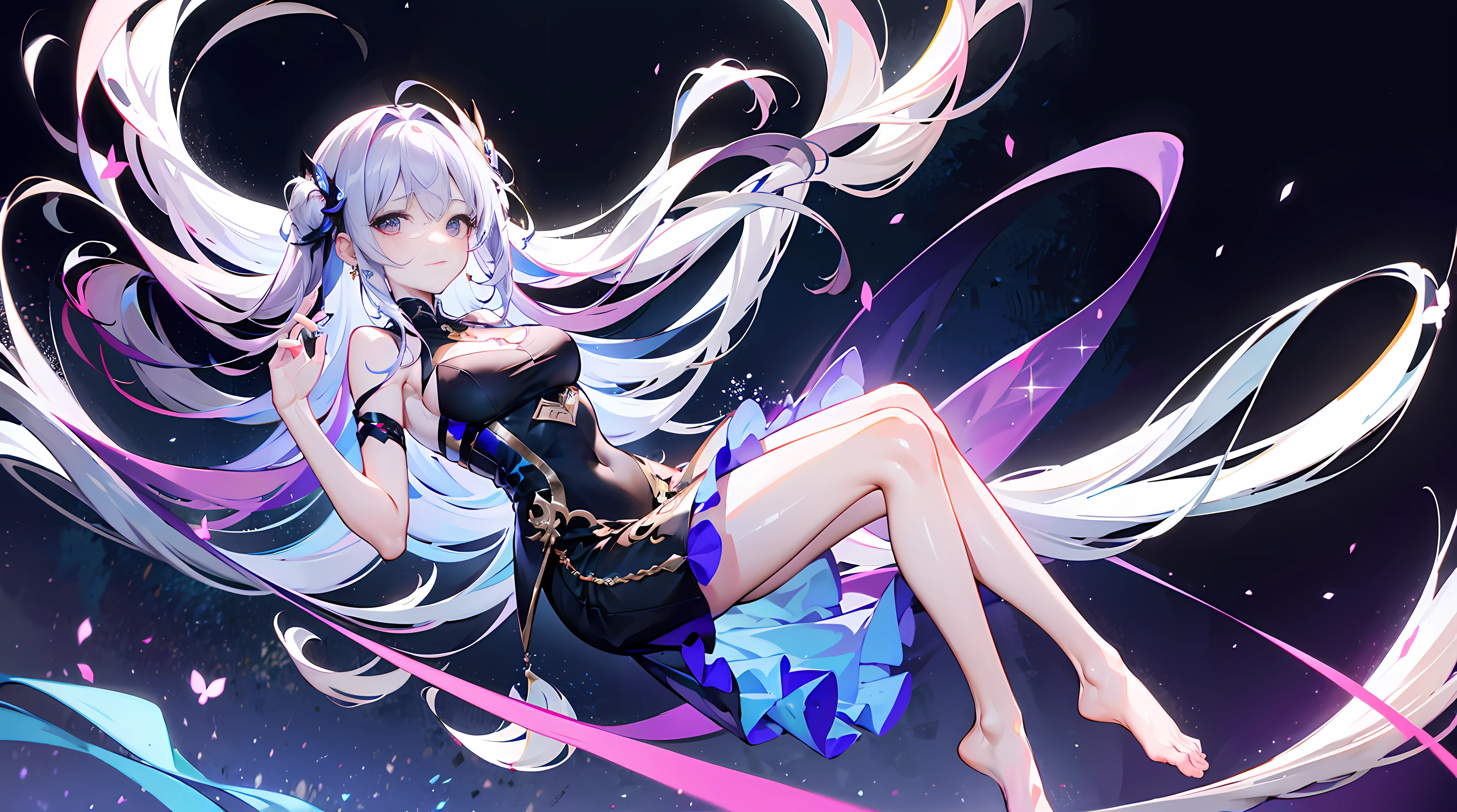 Lilac gradient hair,Asymmetrical hair,((Very voluminous hair 1.8,Hair is well-defined1.6)), hair over shoulders, Messy hair, Very long hair, Shiny hair,(Long hair:1.2),a beauty girl,Luxurious purple miniskirt,Made of transparent material,(Transparent clothes transparent 1.8),perfect bodies,Tall and tall,slenderness,(Looks sad,face drawn and pale,grieves,closing the mouth:1.2) Set against the backdrop of an unusually brilliant dark starry sky,(On your stomach,One hand supports his head),(Round, Medium large, Firm breasts),Barefoot,afloat,waterface,(long leges,long leges,long leges,Perfect leg shape),fully body photo。