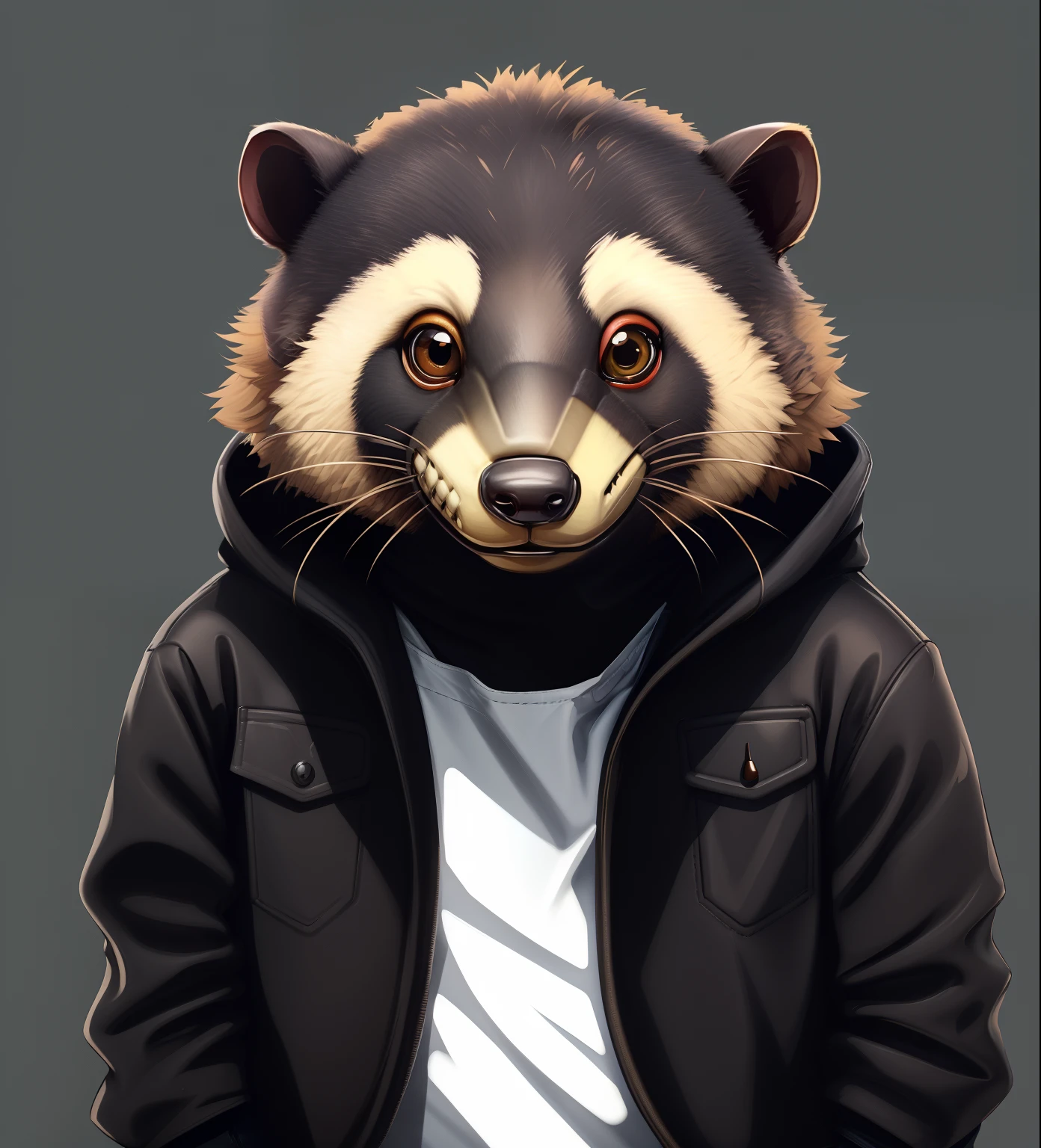 Anthropomorphic Honey Badgers Flathead Brothers,Small head shape,playful expression,Smiling, The corners of the mouth are slightly upturned upwards。Chef costume, apron, worn on the upper part of the body,gloves, cap, standing in the kitchen, A frying pan with meat in his hands, Honey badger in chef uniform,