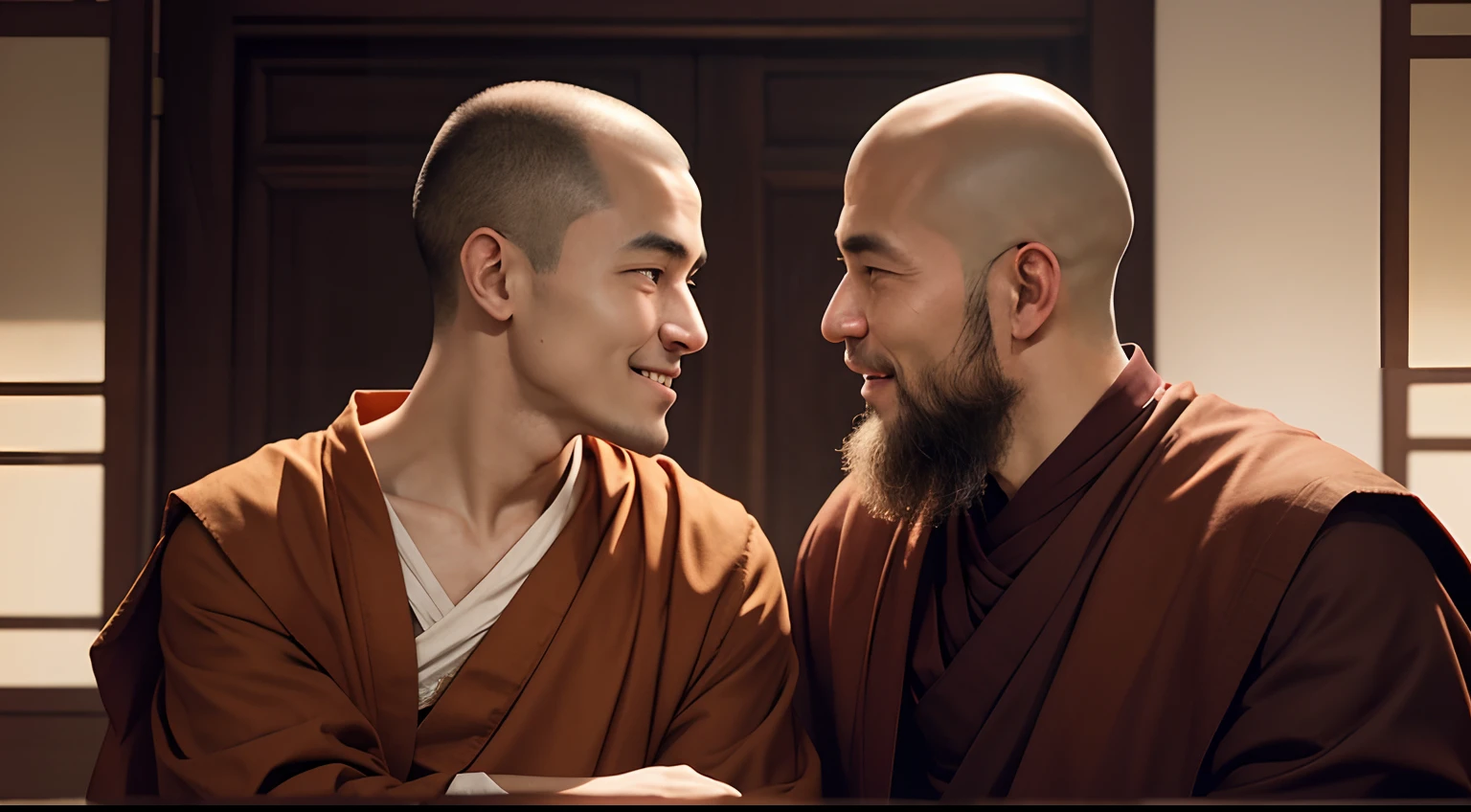 Visualize the monk teaching the man about the importance of observing nonverbal signs, with specific scenes depicting eye contact, smiles, words, facial expressions, and posture.