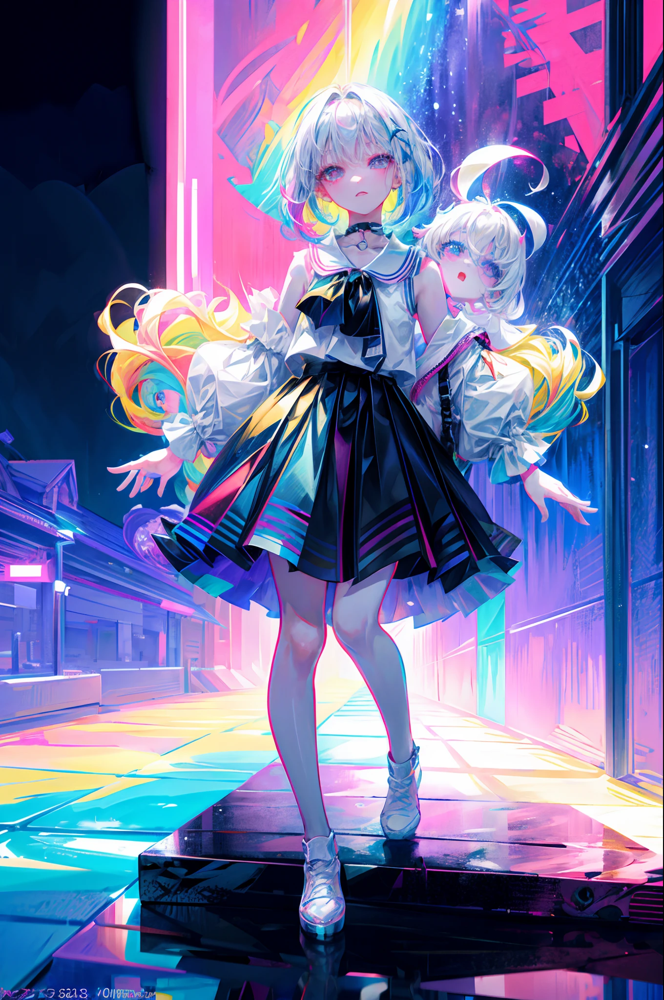 rainbows、Irridescent color、colourfull、top-quality、超A high resolution、(Photorealsitic:1.4)、Female 1 Person、Sleeveless white buttoned shirt、Black skirt、Black Choker、cute little、(Kpop Idle)、(attractiveness:1)、(Platinum Blonde Hair:1)、((Puffy eyes))、Look at the viewer、full body Esbian、Facing the front