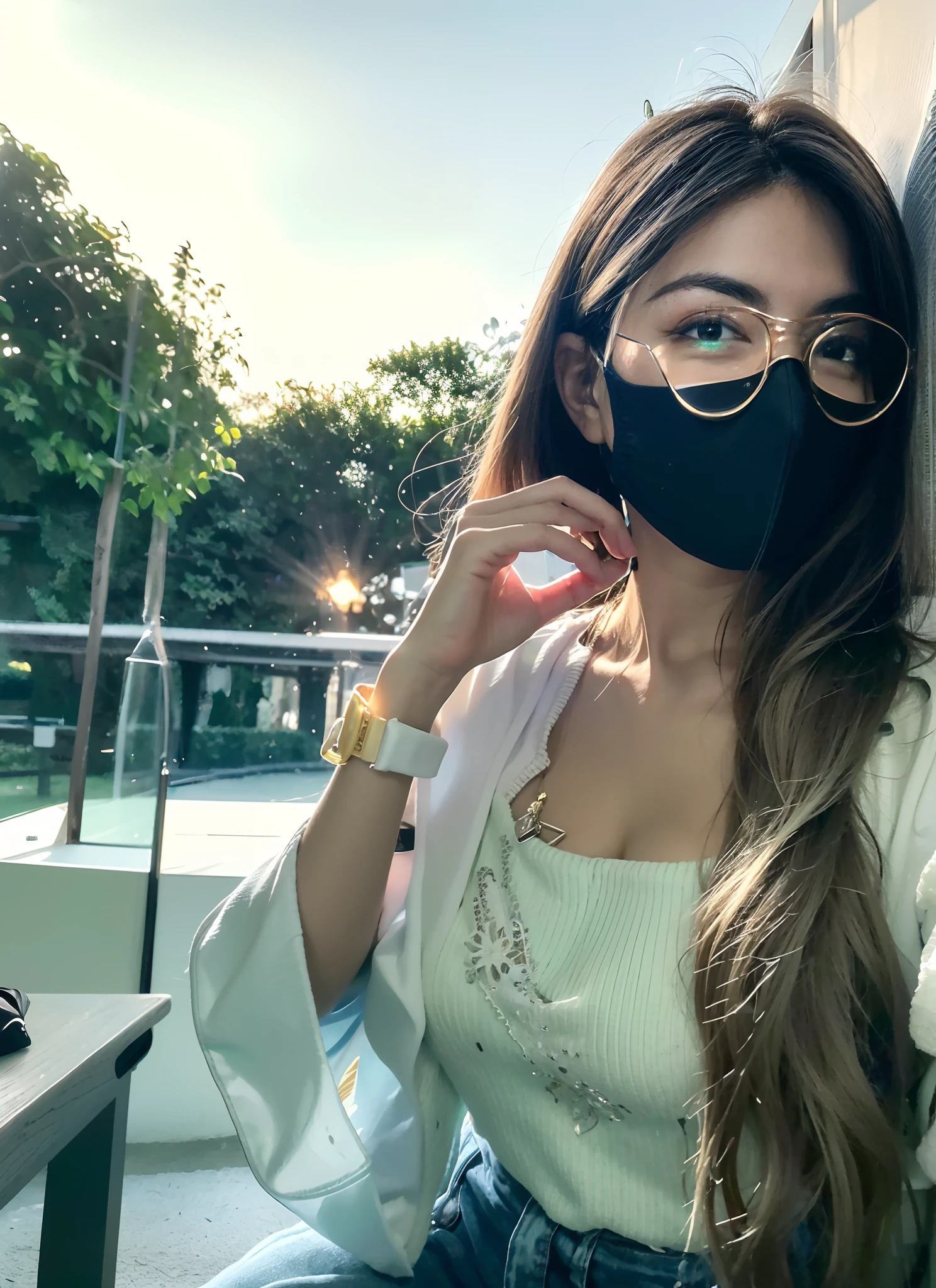 a woman wearing a mask talking on a cell phone, wearing facemask and sunglasses, profile pic, wearing mask, green facemask, wearing all black mempo mask, finely masked, profile image, wearing transparent glass mask, 21 years old, wearing a mask, 18 years old, wearing facemask, partially masked, 2 2 years old remove glasses