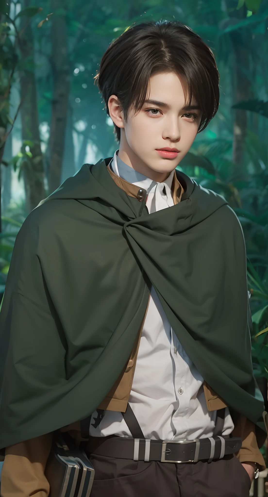 Real life adaption of this character, teen Handsome face, realistic same hair, ((realistic same outfit)), realistic same background jungle with many grass , realistic light, realistic shadow, realism, hyper realistic,(photorealistic:1.2)
