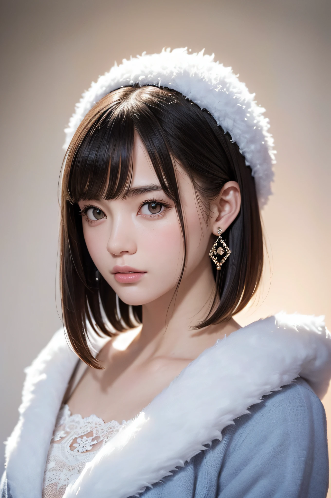 (8k, RAW photos, top quality, masterpiece: 1.2), ultra detailed, super resolution, (real, real photos: 1.37), portraits, high definition RAW color photos, professional photos, very detailed and beautiful, highly detailed, 8k wallpapers, amazing details, huge file size, official art, highly detailed CG Unity 8k wallpapers, highly detailed beautiful girls, highly detailed faces, Highly Detailed Eyes, Highly Detailed Skin, Highly Detailed Fingers, Very Detailed Nose, Highly Detailed Detailed Mouth, Perfect Anatomy, Detailed Background, Detailed Clothes, One Girl, (20:1.2), 20s, Cute Girl, Realistic Body, Petite, White Skin, Radiant Skin, Slim Body, Black Hair, Short Hair, (Blunt Bangs: 1.2), Cute, Youthful, Pretty Face, Realistic Face, Delicate Eyes, Sale Eyes, ( (Fashionable winter clothes)), ((Up)), ((((Short hair)))), Earrings, Looking at the camera, Cowboy shot, Facing Front, Standing Posture, Contrapposto, Dynamic Lighting, C Cup Breasts,