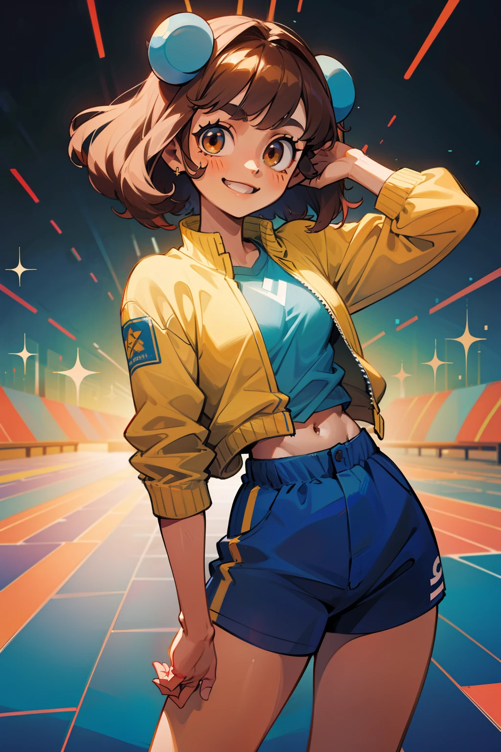 (1 girl), (solamente), camiseta blanca, chaqueta amarilla, Pelo corto azul, cabello azul ondulado, brown eyes, Strong construction, atletic body, pechos grandes, vaqueros, (alta calidad), (Disco duro), (muy detallado) ), cabello rizado, hombros anchos, Camisa todo blanco, ((Camiseta sin estampado)), cintura ancha, ligeramente gordito, Camisa totalmente blanca, They are smiling