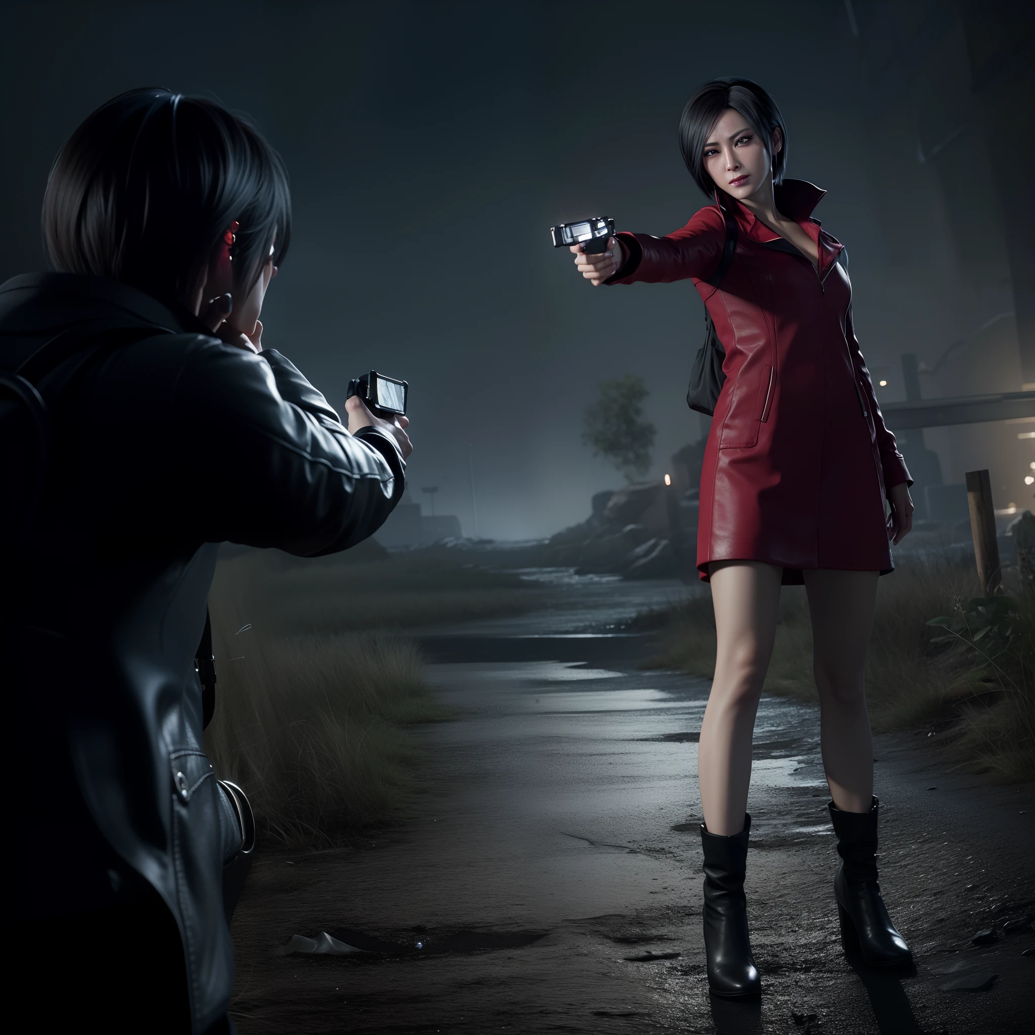 4K, HD, ((ada wong 40 years old)), beautiful face, glare, bob hair, perfect Face, black jeans, red short coat, black nail polish, friendly face