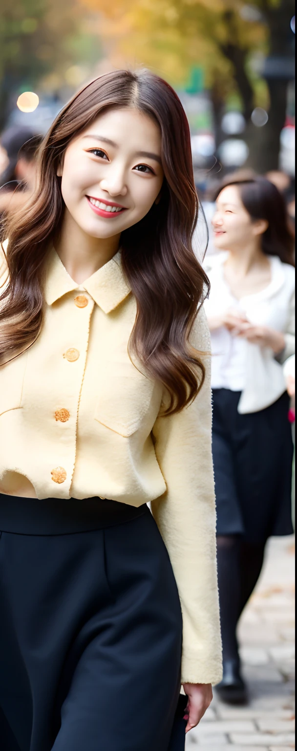 (8k, RAW photos, top quality, masterpiece: 1.2, ultra detailed, super resolution, real photos: 1.37), (Full body photo), 1 noble elegant Japanese lady, (standing contrapposte), ((pale color coodinate amber peach light brown other color, wearing over-size short autumn coat, beige long skirt, inner shirt, black tights, wearing loafers)), Shiny, Smile, Looks like 1.8 meters tall, large pelvis, Large breasts, big cuvy hips, Thin waist, Long legs, skin hyper-detail, 20 years old, Perfect face, (Detailed facial features), Wavy hair, Daylight, autumn season, center of street, crowd of people,