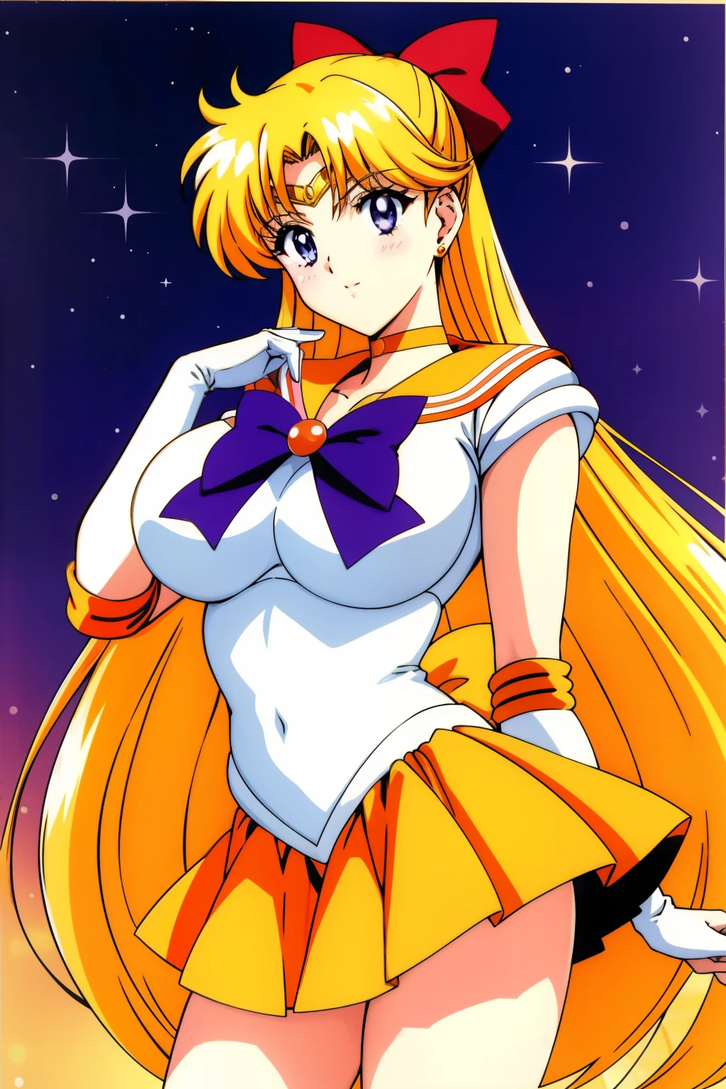 top-quality、masterpiece、Sailor Senshi Uniform、Anime Aunt、A MILF、aino minako、sailorvenus、Orange Choker、Golden Choker、bow、Very long blonde woman、Blue-eyed woman、white glove、elbowgloves、Orange skirt、Golden skirt、rating:safe、solo、magical little girl、Orange sailor collar、Golden sailor collar、purple bowtie、red_bow、back_bow、jewelry、hair_bow、耳Nipple Ring、Woman with very large breasts、huge tit、circlet、a miniskirt、pleatedskirt、Half Up Hair、purple_bow、cowboy_shot、looking_at_viewer、White leotard、highleg leotard、robe blanche、nigh sky、Woman standing、shiny、bare legs、Bare shoulders、(1990's\(styles\):0.9)、