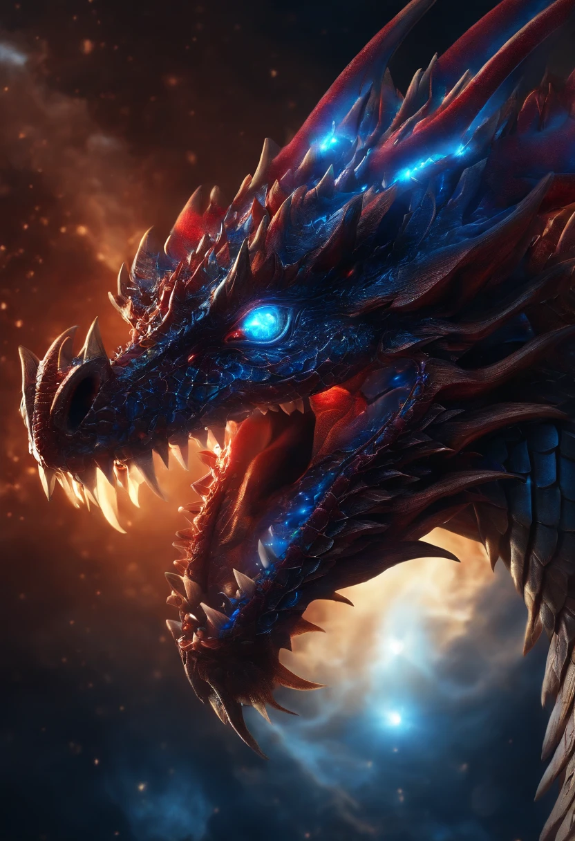 Red and Blue Dragon, Eyes of Shining Light, biomechanical, Deities々Right, Gold light very bright color, light Particle, with light glowing, Musif, Wallpaper Art, UHD Wallpapers