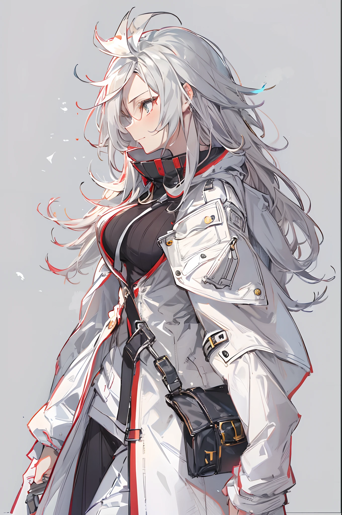 1girl, {solo}, upper body ,{{ {looking at viewer}}}, arm at side, concept art, white background, simple background, white hair, silver gradiient hair , complex cloth, asymmetrical clothes, virtual youtuber, best quality, masterpiece, dynamic angle, guilty gear, guilty gear, guilty gear, cowboy_shot, looking_back, grabbing, girl,woman,female, young,20 years old, very long hair, flipped hair, silver hair, flowing hair, ahoge, smirk, beautiful and delicate golden eyes, teeth, medium_breasts, blonde eyes, white skin, coat, hoodie, black_shorts, grey Clothes, transparent_background, backlighting, absurdres, highres, ultra detailed,