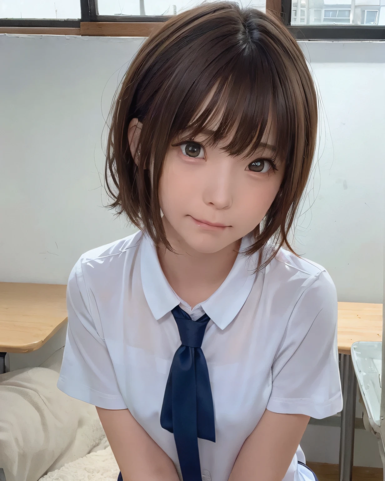 Cute high school girl looking at the camera、Summer uniform, Best Quality, Photorealistic, 8K, hight resolution, fulcolor, 1girll, Woman, Female, 15 years old, (Closed mouth:1.73), schools, ‎Classroom，Bring skin care products closer to the cheeks，With fair skin，semi transparent， view the viewer:1.8, (1girl eyes looking at viewer:1.55), (Medium Hair, brown haired, parted hair:1.45), (Bokeh),