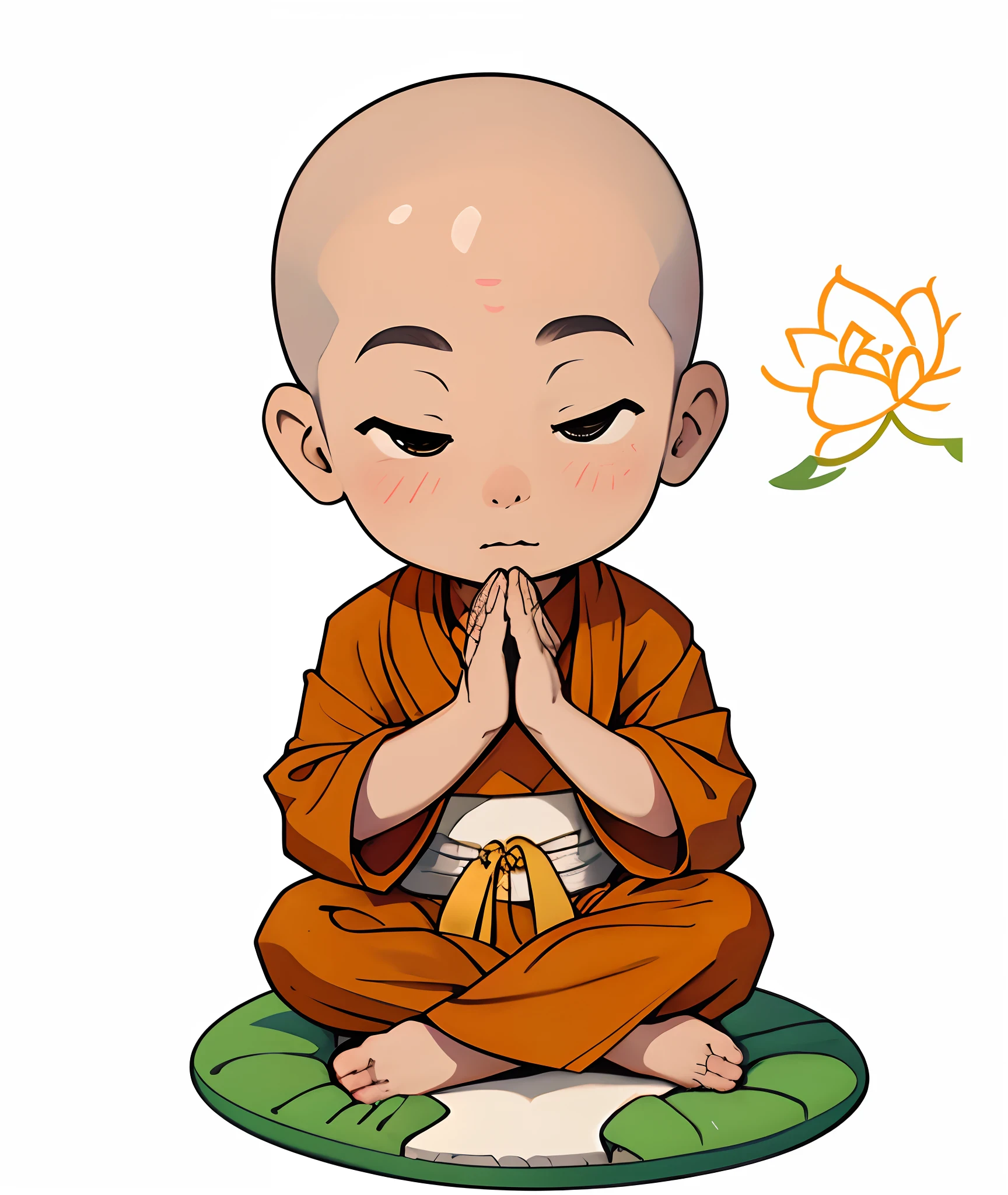 A cartoon monk sits on a lotus mat，Put hands together andpray, monk meditation, prayer meditation, praying pose, Buddhist monk meditation,  in meditation posture, monk, monk clothes, Taoist,Happy facial expression