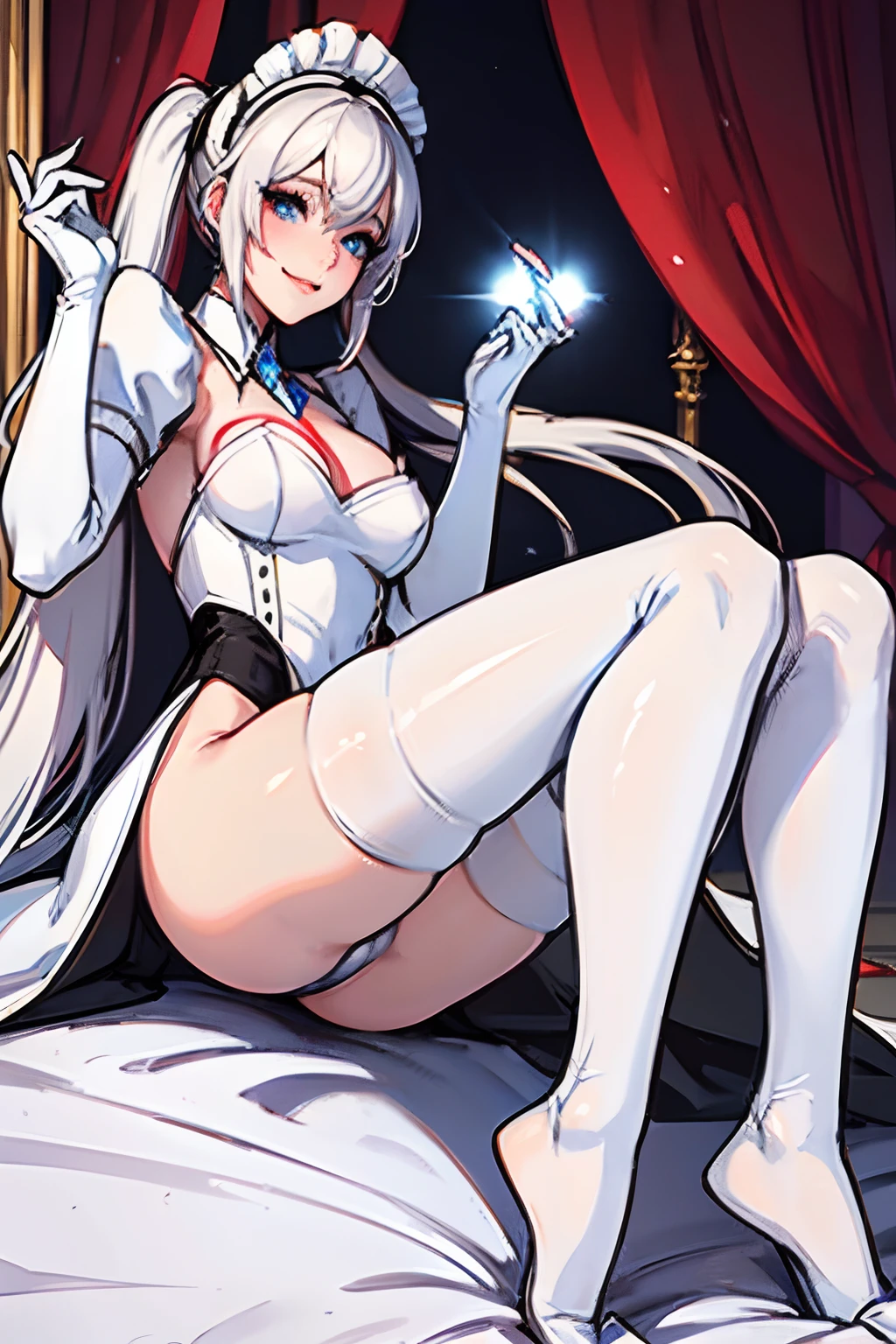 Masterpiece White Long Gloves((blanche)(Long gloves)) white stockings(blanche(stockings)) A sexy shorth hair(Nero) leotard(Maids) a smile The hair(argent) short on the beds