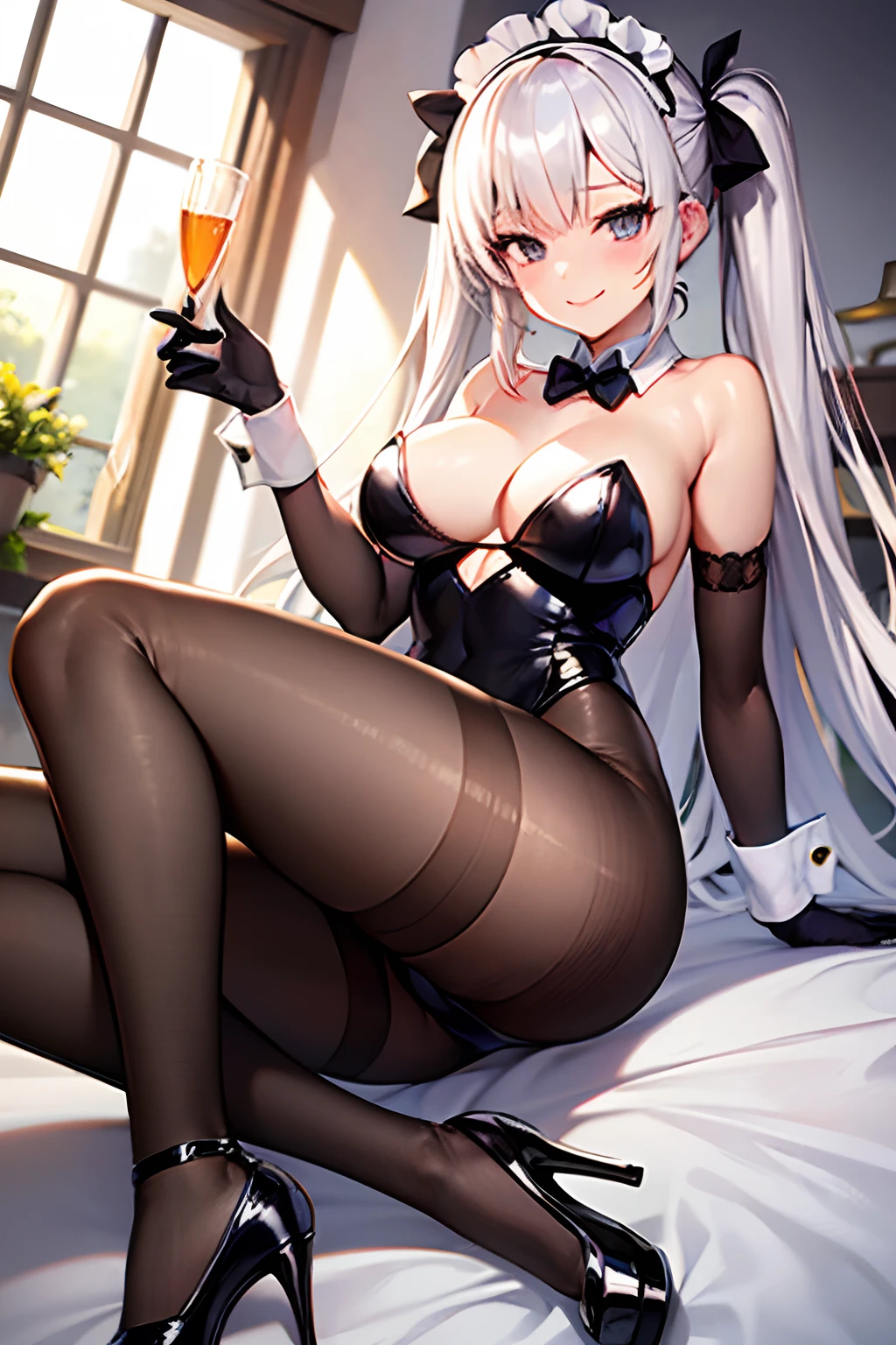 Masterpiece Long Globe((blanche)(Long gloves)(realisitic)) stockings(blanche(pantyhose)) A sexy shorth hair(Nero) leotard(Maids) a smile high-heels