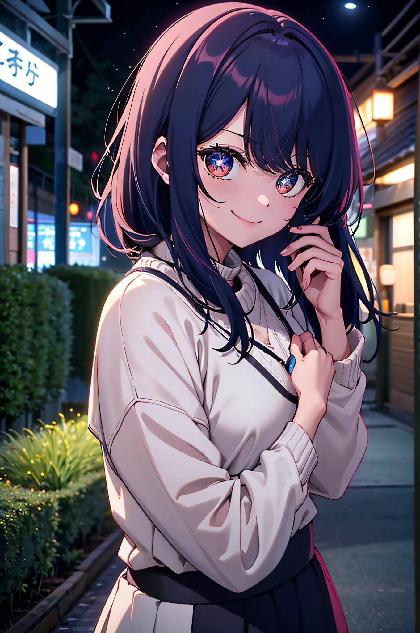 (RAW Photography:1.2)、(Photorealsitic:1.4)、(top-quality:1.4)、超A high resolution、(A detailed eye)、(detailed facial features)、(detailed clothes features)、HDR、8K分辨率、solofocus、bangss、Skin tightening、(slender girl)、Dreamy、japanes、 (Ultra-fine illustration)、landscapes、No letters、 mideum breasts、straight haired、short-hair、A dark-haired、Black eye、 1 girl in、full bodyesbian、Background is a park at night、 Fish pendant、 Light blue tight sweater、 cute little、A sexy、 (a smile),