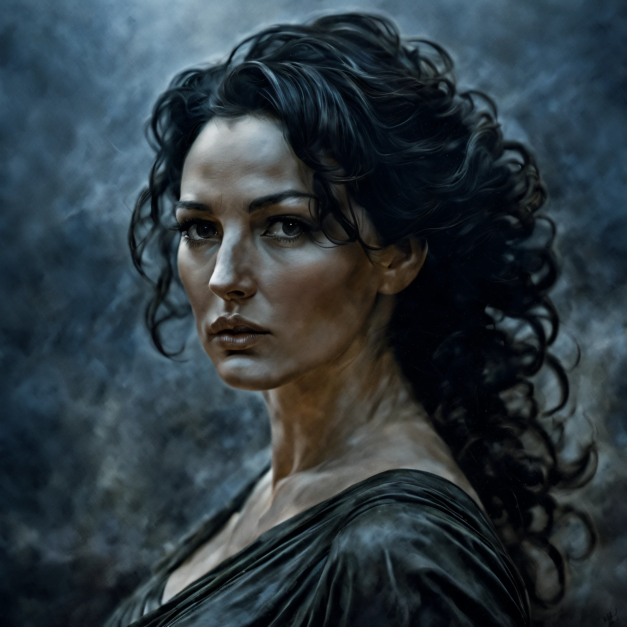 MonicaBellucci, [art by Jan Urschel,art by Annibale Carracci::14], photograph, Labyrinthine Female of Victory, Cloudy hair, Ashkenazi One-Eyed, Sketch, film grain, Nikon d3300, Depth of field 270mm,