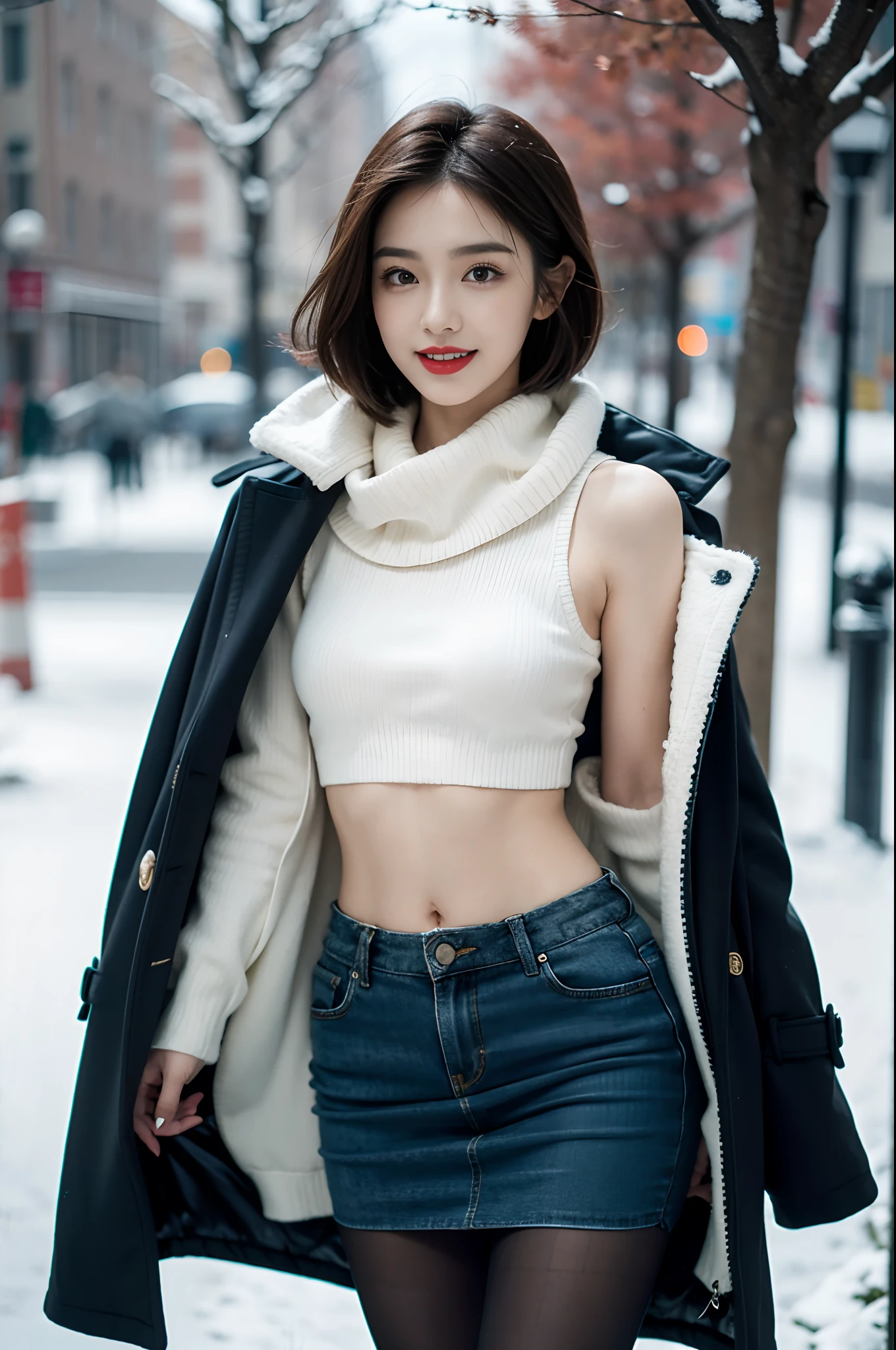 best quality, 4k, 8k, Detailed faces, clear face, a pretty girl, Korean makeup, Red lips,laugh, perfect body,shoulder length straight short hair,small breasts,thigh,slim,thin, The girl wears a long and wide coat, Underneath the jacket was a toptube and pantyhose, lower abdomen, Snowscape, winter, street,