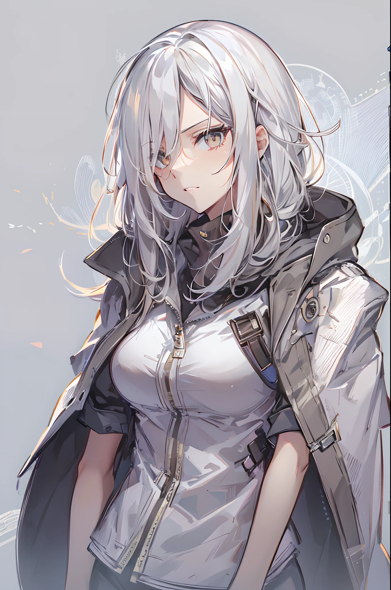 1girl, {solo}, upper body ,{{ {looking at viewer}}}, arm at side, concept art, white background, simple background, white hair, silver gradiient hair , complex cloth, asymmetrical clothes, virtual youtuber, best quality, masterpiece, dynamic angle, guilty gear, guilty gear, guilty gear, cowboy_shot, looking_back, grabbing, girl,woman,female, young,20 years old, very long hair, flipped hair, silver hair, flowing hair, ahoge, smirk, beautiful and delicate golden eyes, teeth, medium_breasts, blonde eyes, white skin, coat, hoodie, black_shorts, grey Clothes, transparent_background, backlighting, absurdres, highres, ultra detailed,