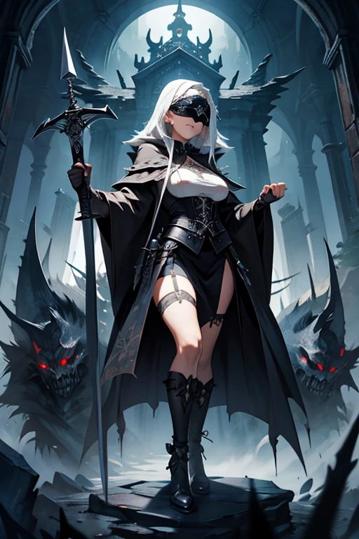 gothic lady justice, blindfold, sexy, erotic, holding sword and scale, standing on mountain of skulls, wearing robes, bandages, gothic style art.