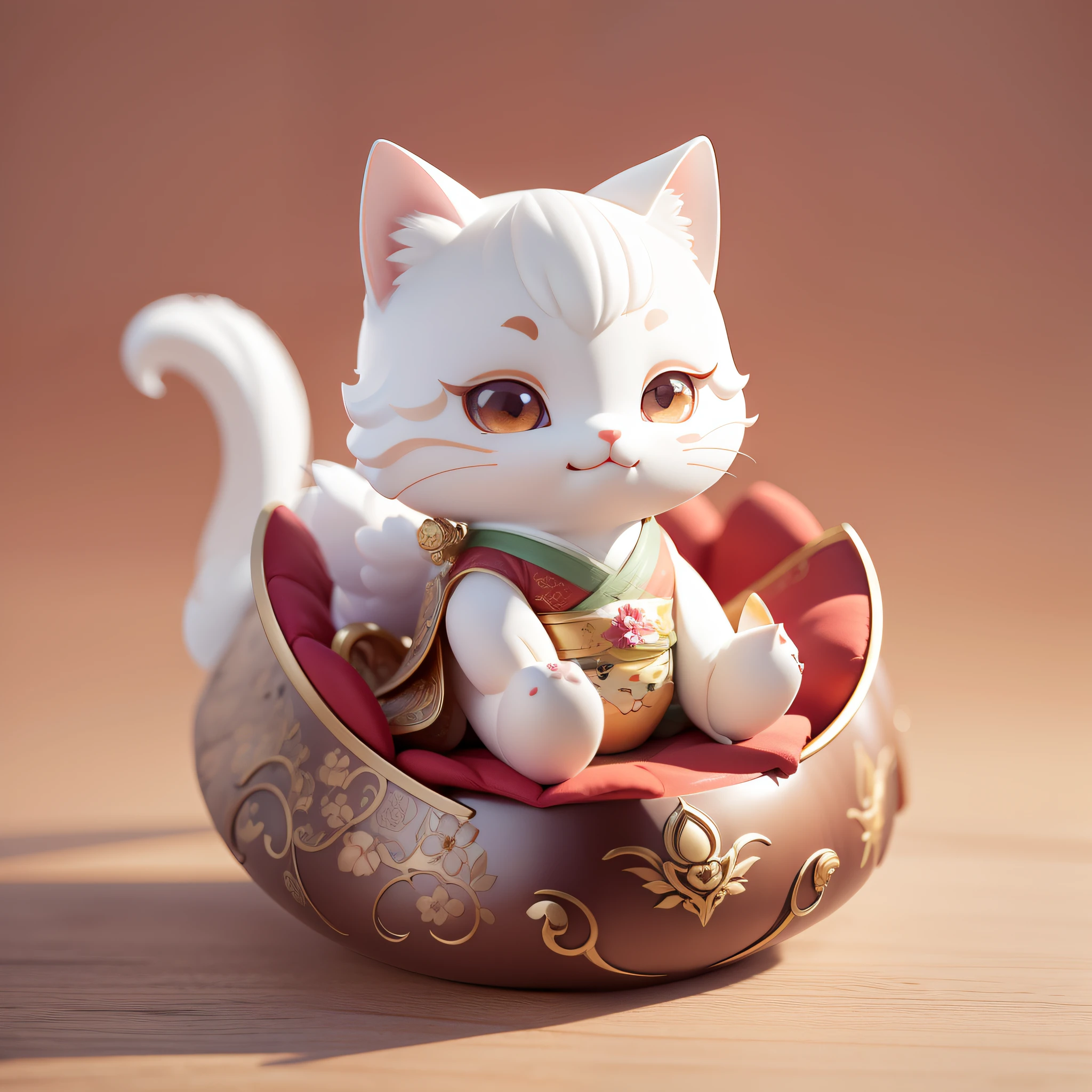 Small animals, A cute little flower cat, Lucky Cat, com mascot, It means getting rich, frontage, Sit on a red cushion, Dressed in gorgeous Hanfu, Raise a hand, Smile, HD anime style digital art, blindbox, Bubble Mart, handicraft, Detailed digital 2D fantasy art, 8k high quality detail art, Detailed digital anime art, Porcelain texture, High details, ccurate, High details, ccurate, High details, ccurate, High details, ccurate, High details, ccurate