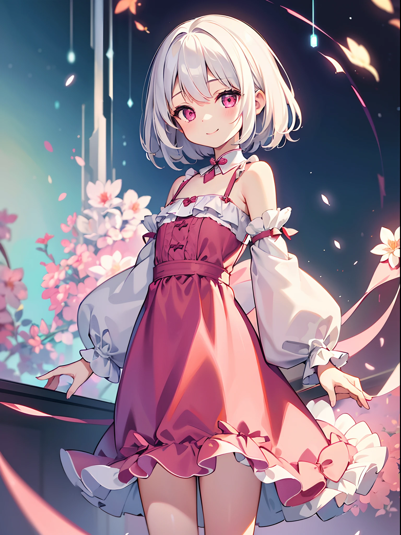 (masterpiece),(Top image quality),hight resolution,(Dainty and cute),(ighly detailed), 1girl, 独奏,illustratio,Fantasia,short,white hair,perm,s Pajamas,Pink eyes,Smaller chest,a smile,Background through