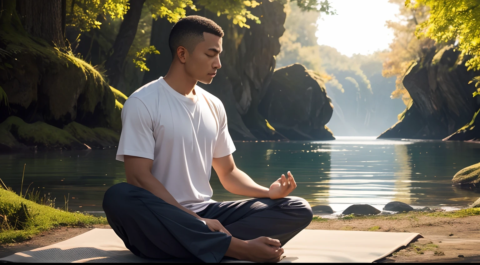 Create images showing the man practicing empathy, mindfulness meditation, and seeking guidance, symbolizing his efforts to develop these qualities.