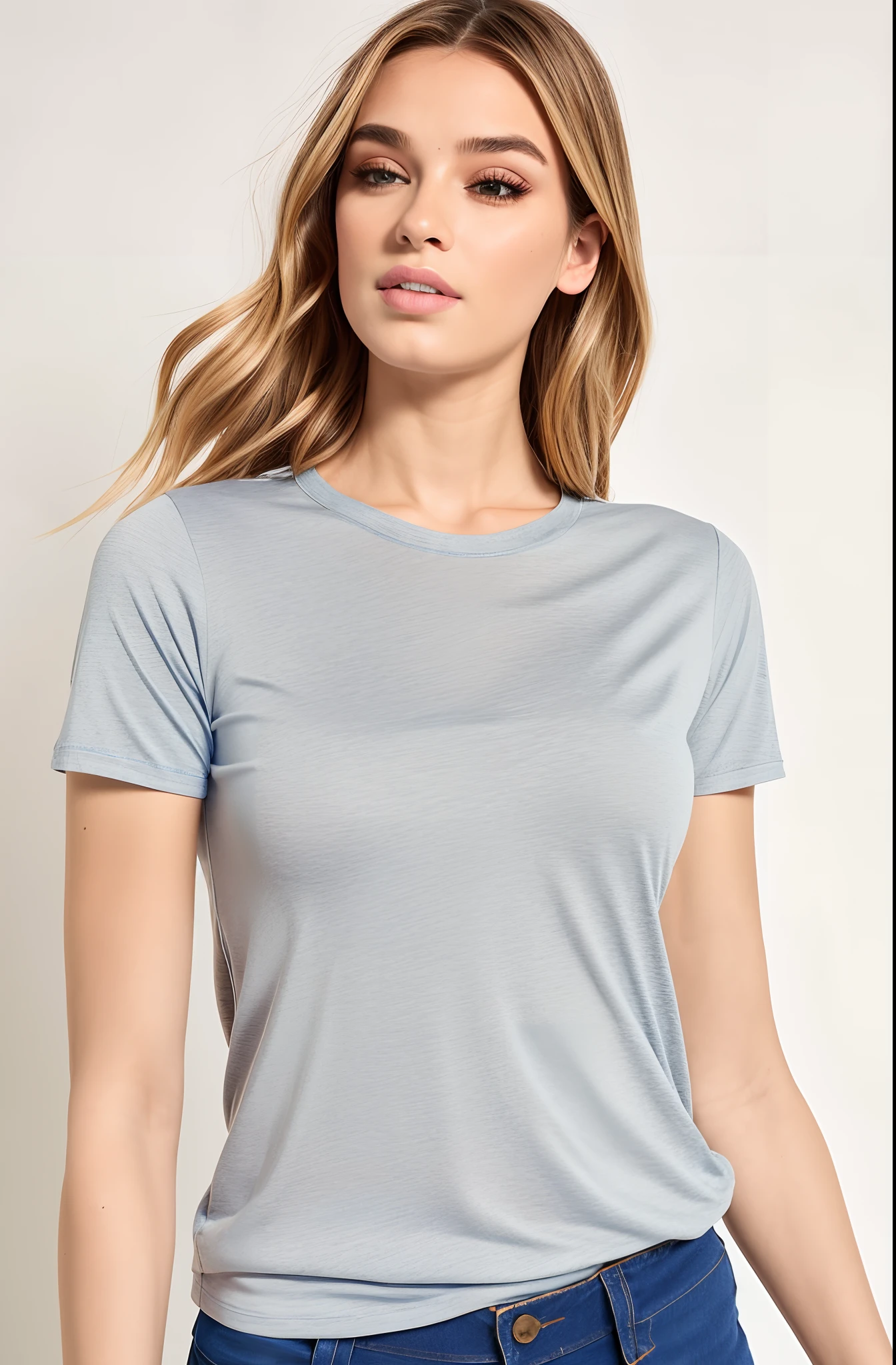 uma mulher vestindo uma camisa cinza e jeans posando para uma foto, camisa cinza, camisa apertada, vestindo camisa apertada, vestindo uma camiseta, mangas curtas, vestindo uma camisa clara, usando um top bonito, basic clothing, vestindo uma camiseta muscular, roupas casuais modernas, roupas casuais, vestindo camiseta e combates, T - Camisa, camiseta
