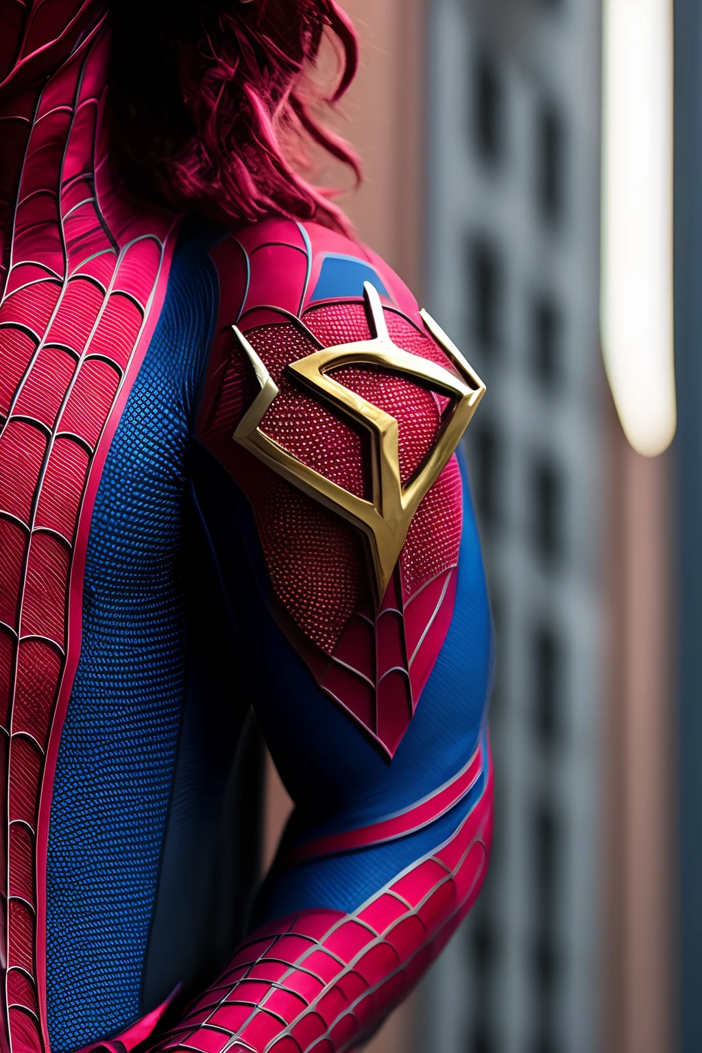 Spiderman in a black white and gold suit with a sword on back and purple accents on the suit