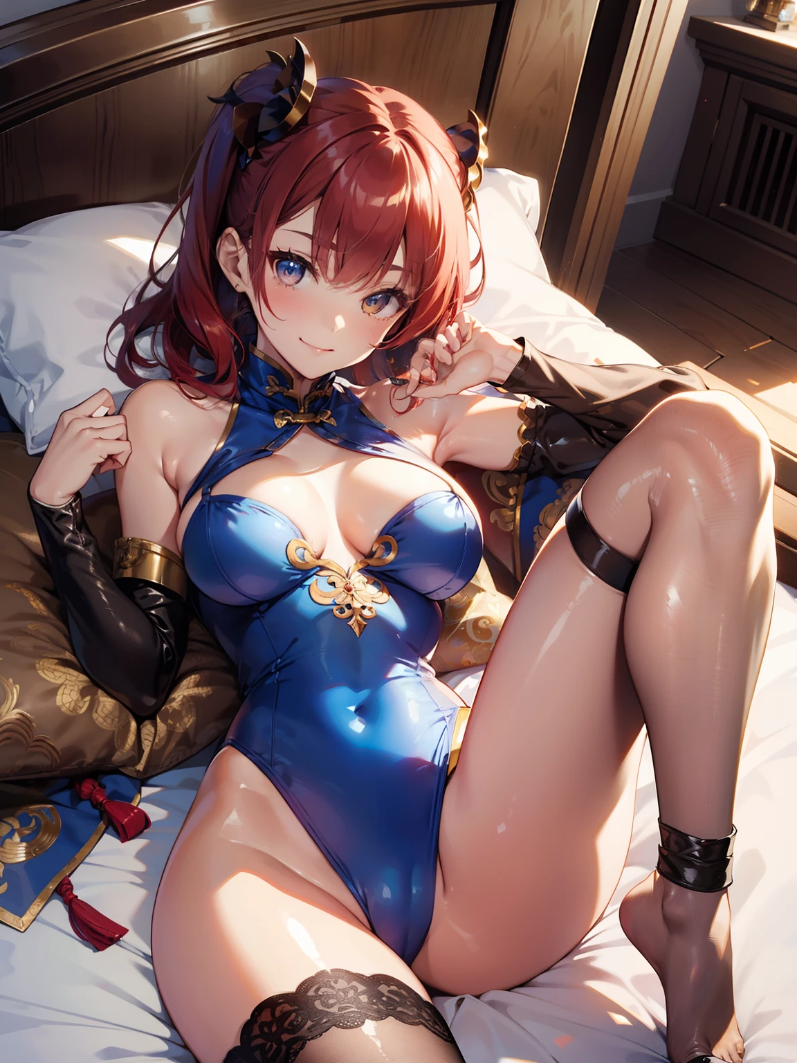 top-quality、Full limbs、complete fingers、Slender beauty、poneyTail、Medium Hair、Red hair、Beautiful Large Breasts、(Detailed ultra-oily shiny skin:1.1)、oily shiny thighhigh、Beautiful sister、Chun-Li style blue cheongsam leotard、Brown pantyhose、A big smile、Luxurious bedroom、Luxury bed、Lying on your back with your head resting on a fluffy pillow、Naughty Poses