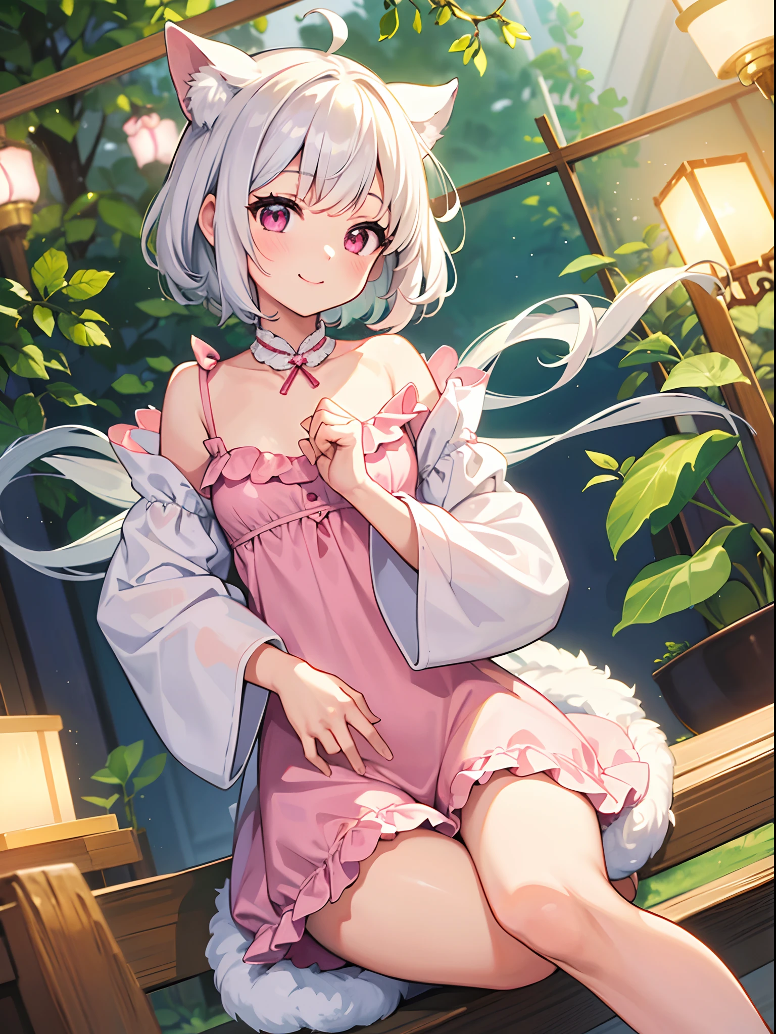 (​masterpiece),(Top image quality),hight resolution,(Dainty and cute),(ighly detailed), 1girl, 独奏,illustratio,Fantasia,short,white  hair,perm,s Pajamas,Pink eyes,Smaller chest,a smile,Background through