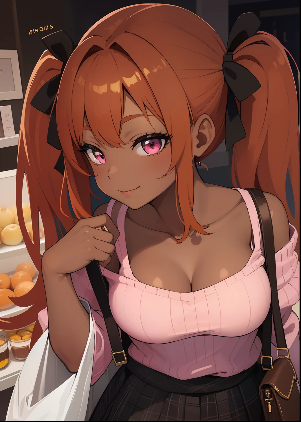 darkskin+++, dark brown skin1:8, orange hair+++, twintails++, pink eyes+++, big breast+, plump lips, thick lips, bow symbol+++, detailed eyes, 4 k digital art, HD+, collarbone, people in background, mall+, pink cold shoulder sweater+, plaid mini skirt+, hand bag+, white stockings+, big lips, shopping bags, detailed clothes+ close up+ smirk++