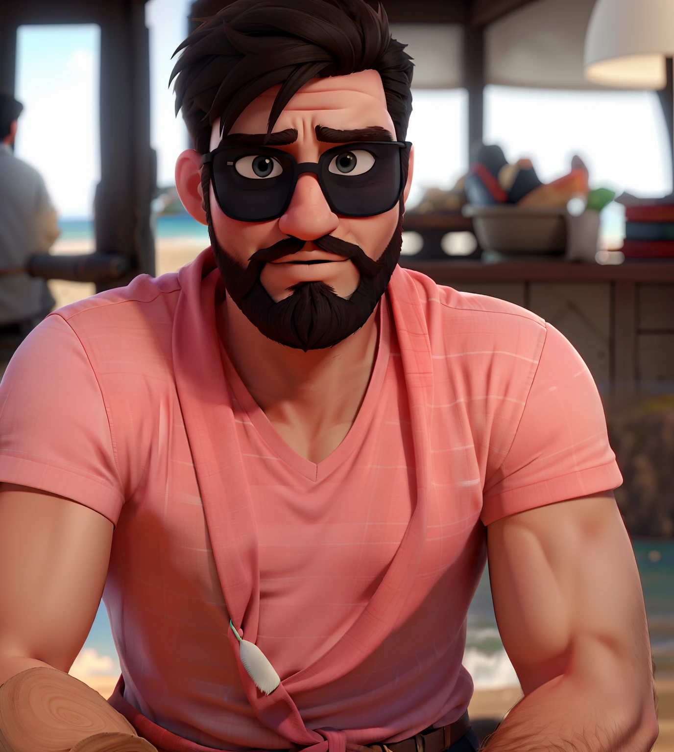 A white man, with a light tone, with a beard, black eyes, serious appearance, small nose, with the beach in the background