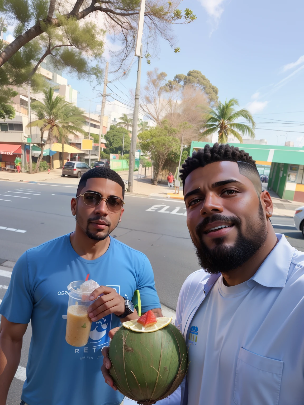 There are two men standing on the side of the road holding a coconut, Ronaldo Luis Nazario da Lima, In Sao Paulo, pegando seus tacos e bebida), na rua, on sidewalk, em uma rua, Paulo Pepera Pablo Roldan, Directed by: Niko Henrichon, Directed by: Rafail Levitsky, Directed by: Felipe Seade