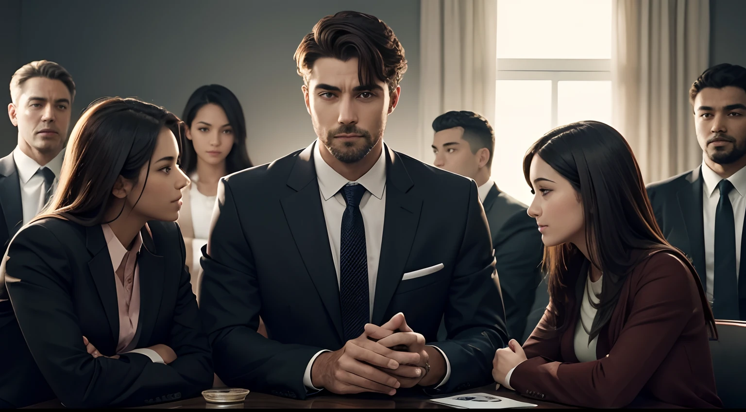 an image showing the man with improved relationships, surrounded by people who trust and appreciate him, symbolizing his newfound understanding of others.