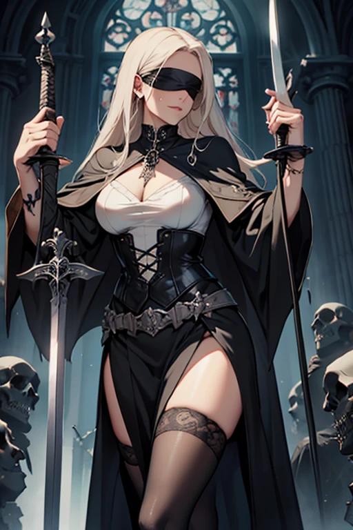 gothic lady justice, blindfold, sexy, erotic, holding sword and scale, wearing robes, bandages, gothic style art.