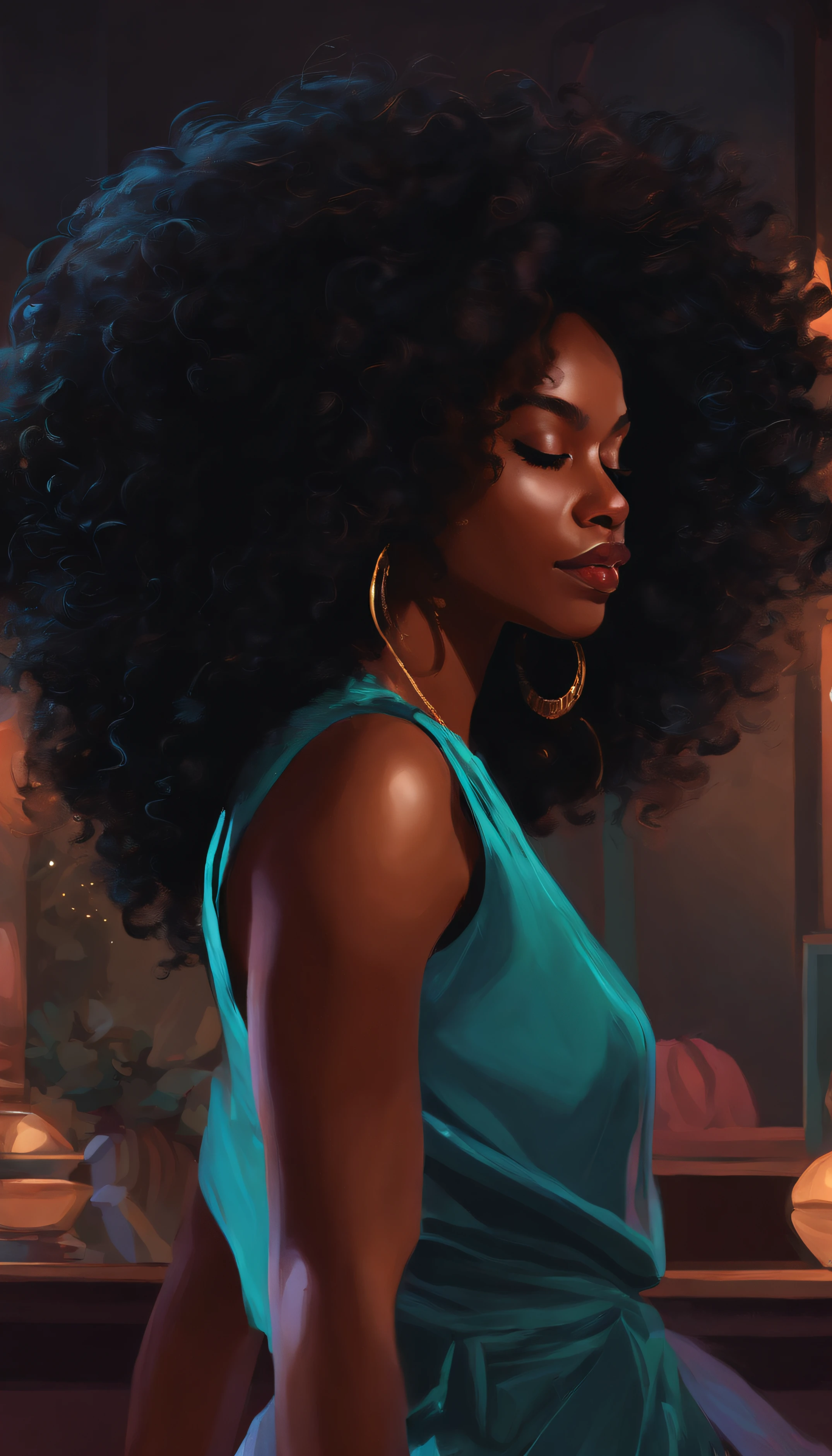 Curly-haired black woman dancing in dark room, arte digital estilo Lo-fi