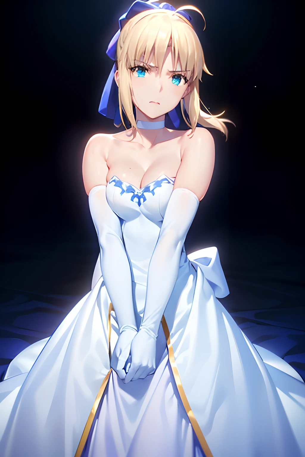 best quality, masterpiece,phSaber, phAltoria, 1girl, gloves, elbow gloves, choker, white dress, official alternate costume, breasts, collarbone, ponytail, white gloves, cleavage, strapless dress, bow, bare shoulders, short hair, parody, blue choker, hair bow, blue ribbon, v arms