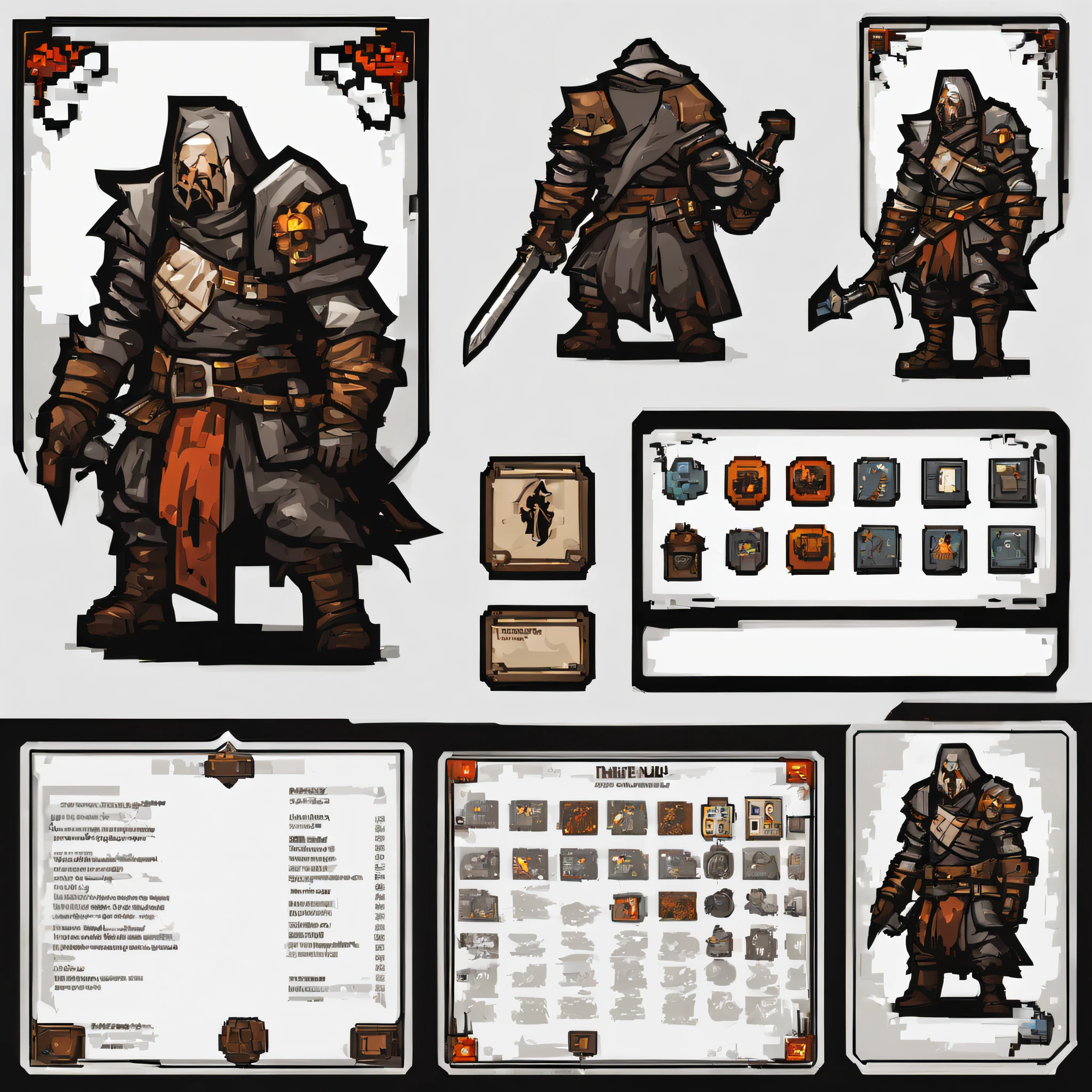 a boardgame game card design, darkest dungeon and final fantasy style themed, white background, front side view, back side view, pixel art, hq