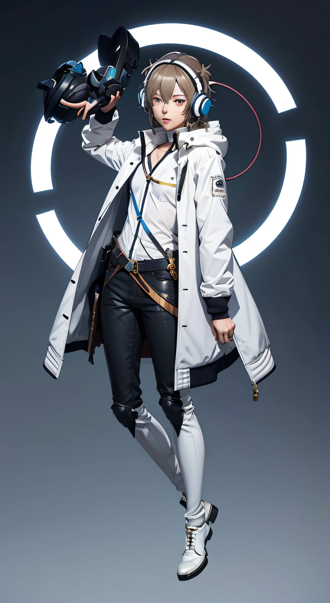 anime, A man in a white jacket and white pants，Headset overhead, anime full body illustration, Single character full body,, Full body illustration, male anime character, Anime figure, detailed anime character art, full body single character,  full body character, character full body portrait, full-body portraits, Anime character art