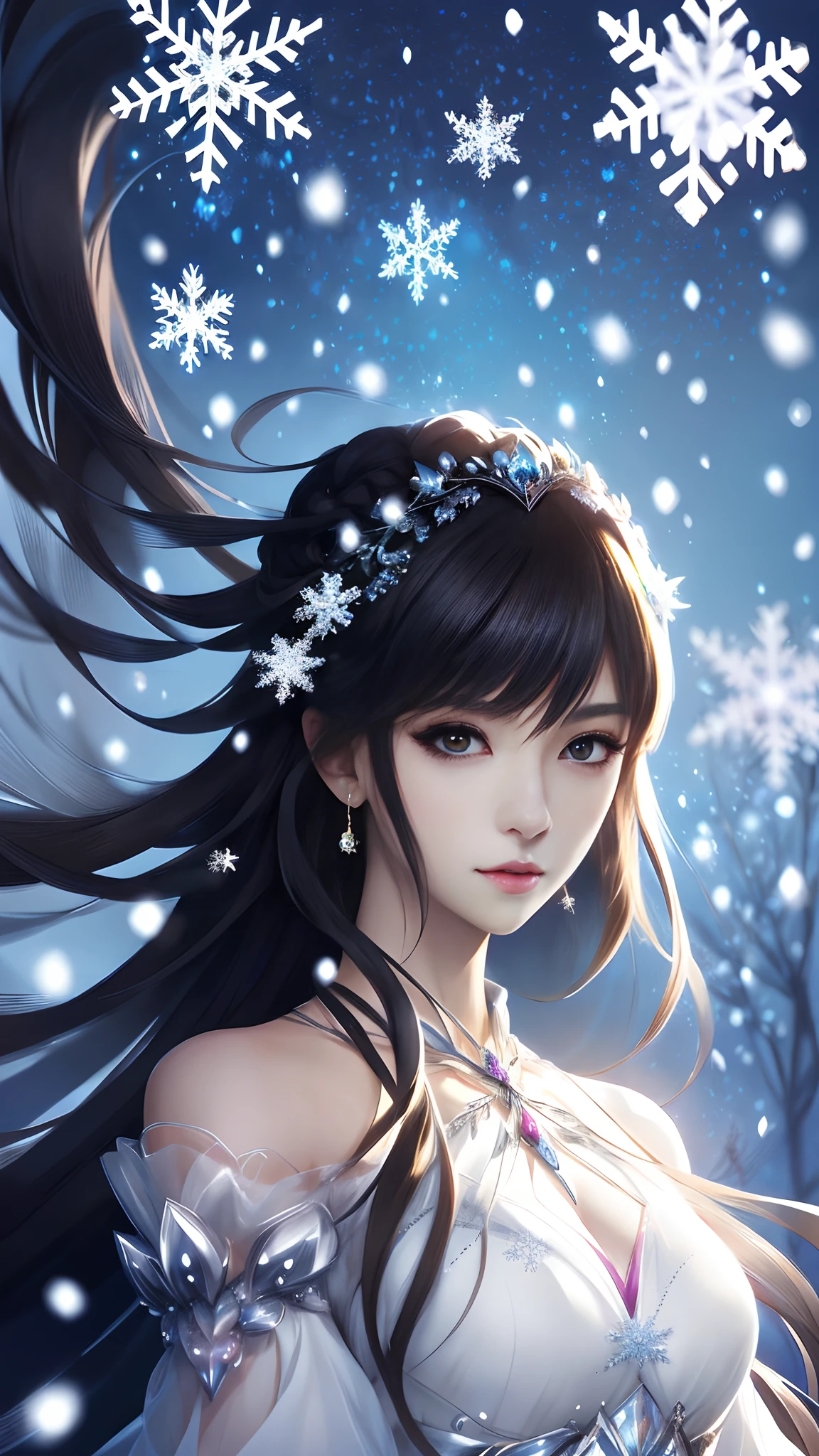 Anime girl in white dress with snowflakes with snowflakes and snowflakes, beautiful anime artwork, beautiful anime art, Beautiful anime girl, beautiful anime woman, Beautiful Anime Portrait, beautiful fantasy anime, guweiz on pixiv artstation, winter princess, Anime Girl with Long Hair, anime fantasy illustration, Beautiful anime, high definition anime art, anime fantasy artwork, goddess of winter