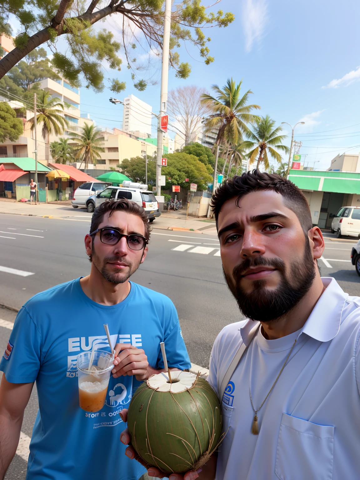 There are two white men standing on the side of the road holding a coconut in Sao Paulo, pegando seus tacos e bebida), Na rua, on sidewalk, em uma rua, Paulo Pepera Pablo Roldan, Directed by: Niko Henrichon, Directed by: Rafail Levitsky, Directed by: Felipe Seade