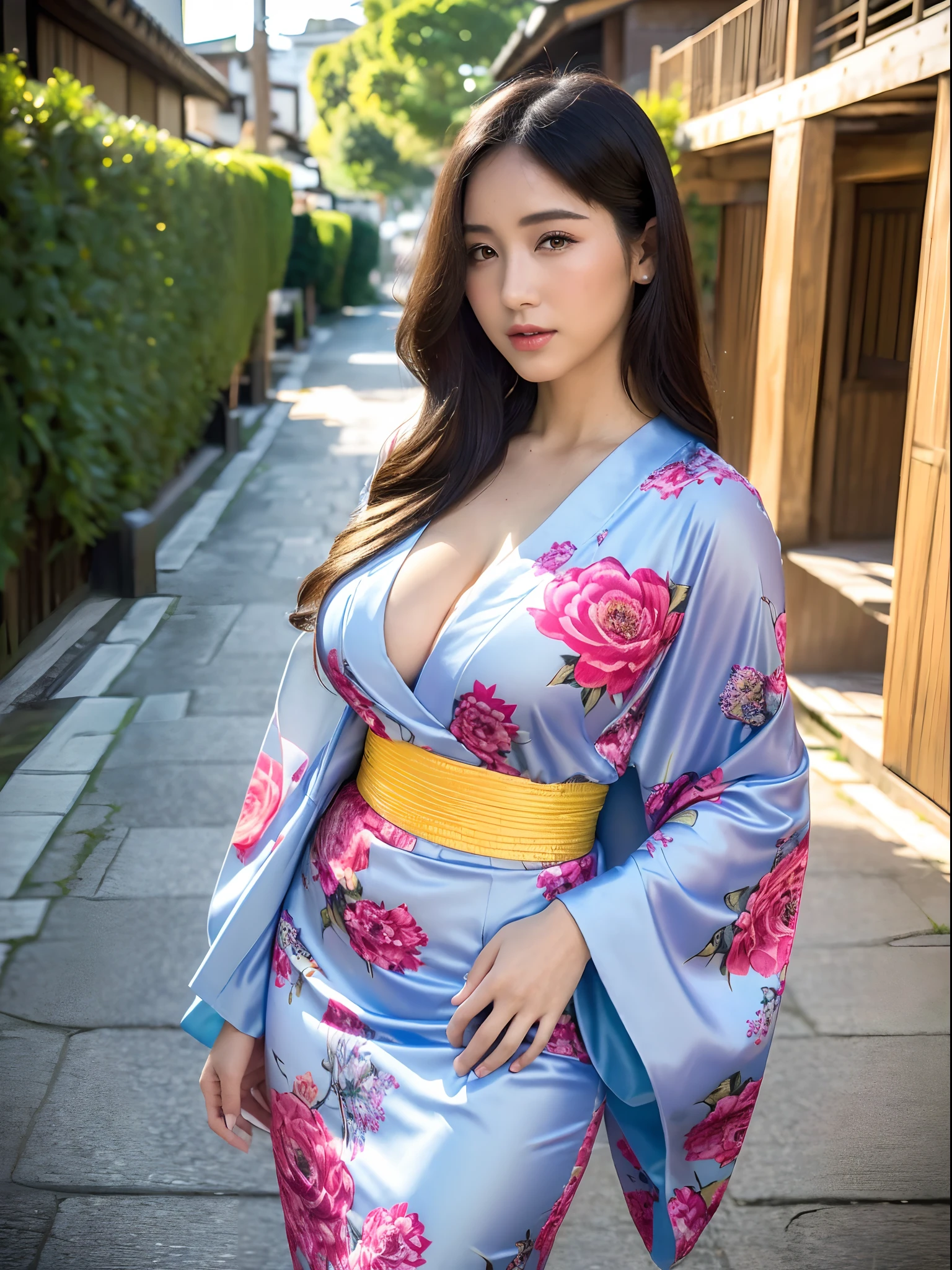big tits, sexy, kimono, calle de la ciudad, japonesa seductora, tetas grandes, vestido kimono (La mejor calidad, 8k, 32K, Obra maestra, UHD:1.3),((La mejor calidad, 8k, Obra maestra :1.3))