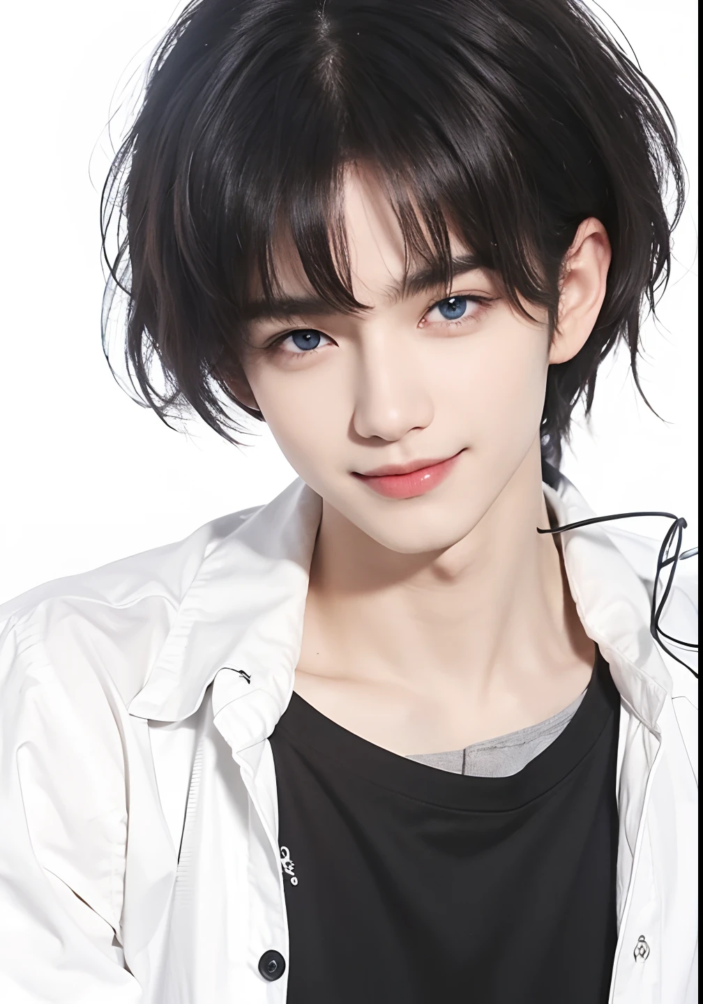 A man with realistic black hair, exactly the same hairstyle, realistic blue eyes, realistic handsome face, realistic sweet smiling expression,Realistic white shirt, realistic black t-shirt, realistic light, realistic shadow, realistic background