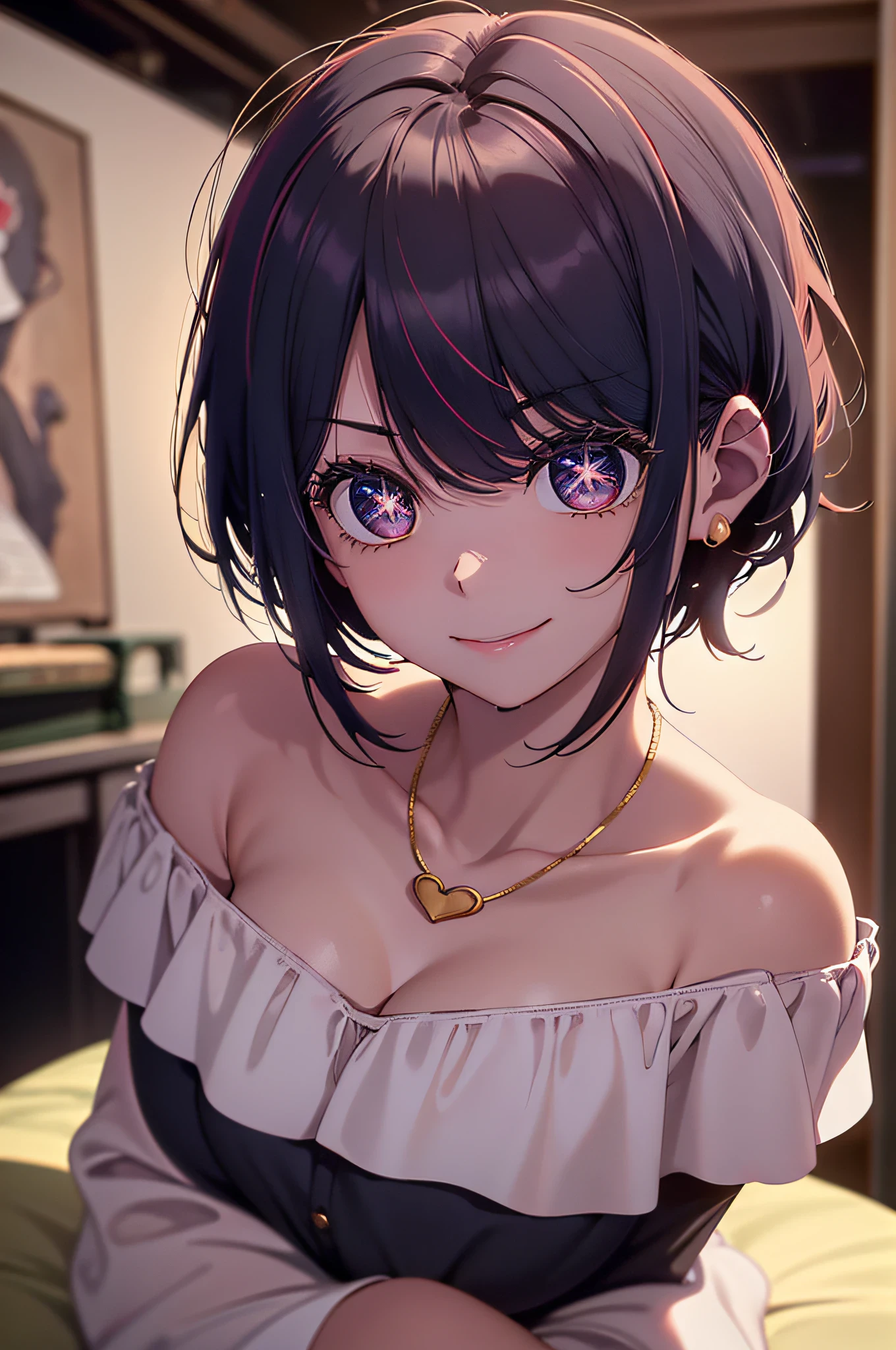 (top quality, 8k, masterpiece: 1.3), pretty woman with perfect figure: 1.4, dark brown hair, big, wearing pendants, torn shorts, sleeping in bedroom, very detailed face and skin, detailed eyes, double eyelids, top quality, masterpiece, (photorealistic: 1.4), one woman, golden ratio, high angle shot, upper eye care, low angle shot, perfect face, beautiful figure, cute face, face close-up, zoom in on face, short bob, short hair, smile from different angles, smile, gloss, highlight, gloss, glossy on skin, glossy on skin, wet skin, wet, bangs, cute smile, bust, off-shoulder, refreshing charm, elegant, perfect hands, smile from angle, smile, shiny, highlight, glossy skin, bangs, bust, big, Warm off-shoulder, refreshing charm, ears out, gaze to the camera, poses at different angles