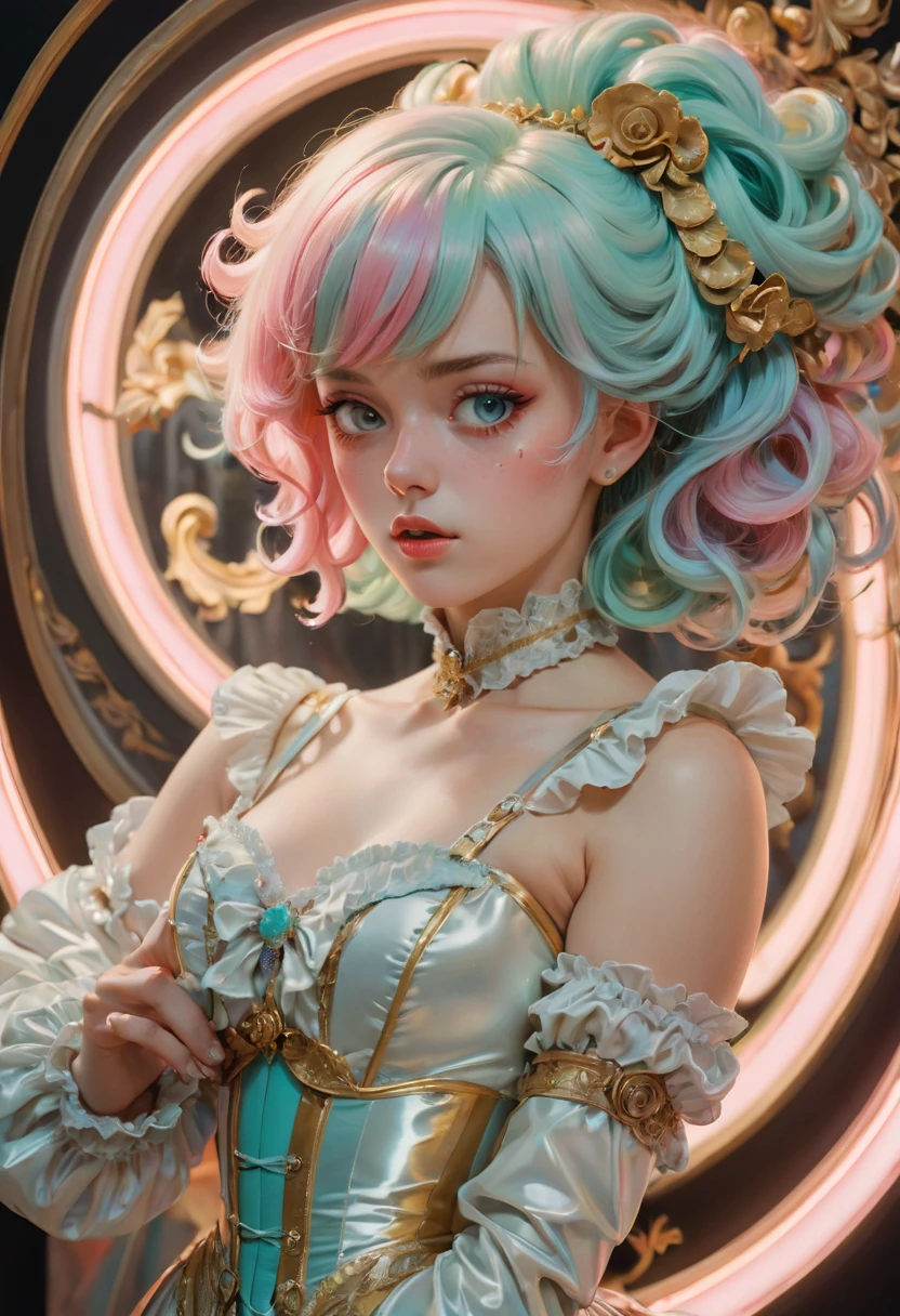 anime_artwork, rococo, grand_photograph, polaroid, annoyed_girl, neon_glowing_hair, canon_5d_mark_4, neon_light, kodak_ektar, flamboyant, pastel_colors, curved_lines, elaborate_detail, rococo, art by j.c. leyendecker