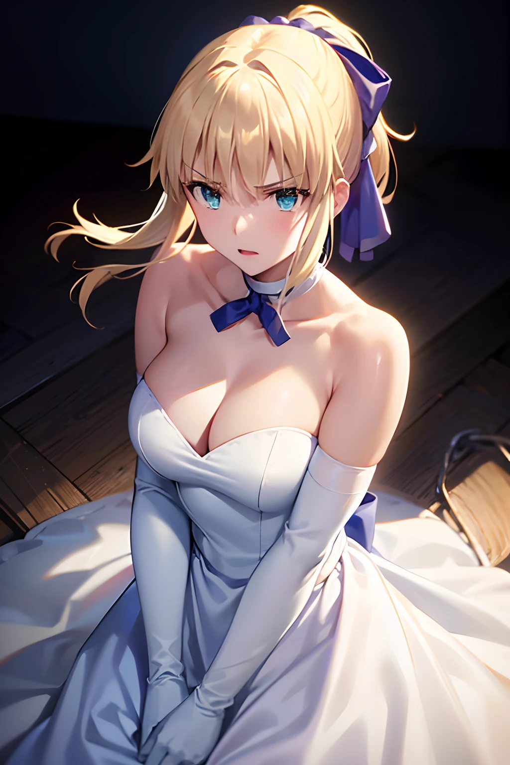 Best Quality, masutepiece,Saber, Faltria, 1girl in, gloves, elbow groves, Choker, White Dress, official alternate costume, breasts, 鎖骨, Ponytail, White Gloves, cleavage, straplessdress, Bow, Bare shoulders, Short hair, parody, Blue choker, Hair Bow, Blue Ribbon, Hanging both hands in chains、Hands are chained、