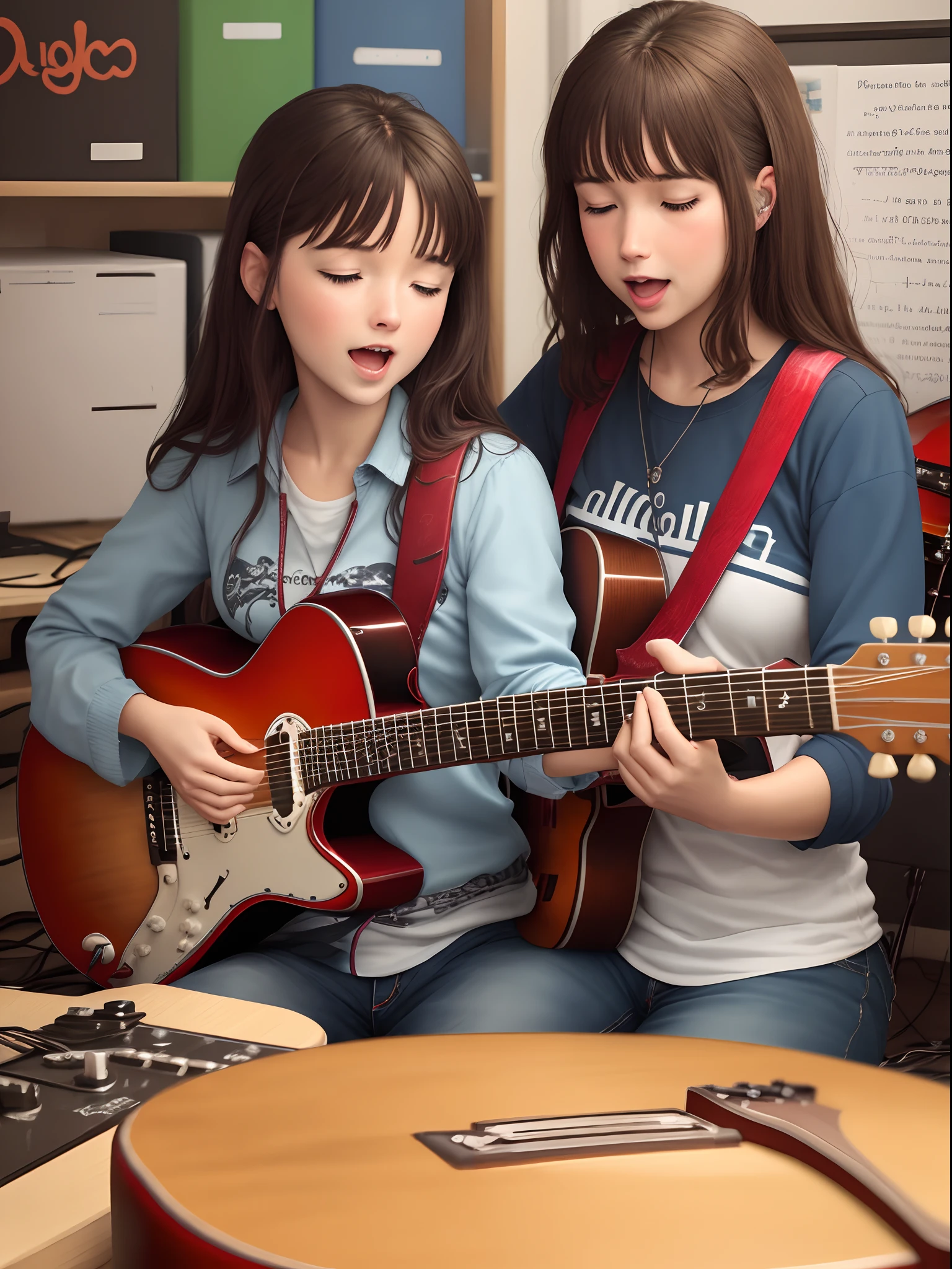 Crie uma mulher loura semblante feliz trocando guitarra