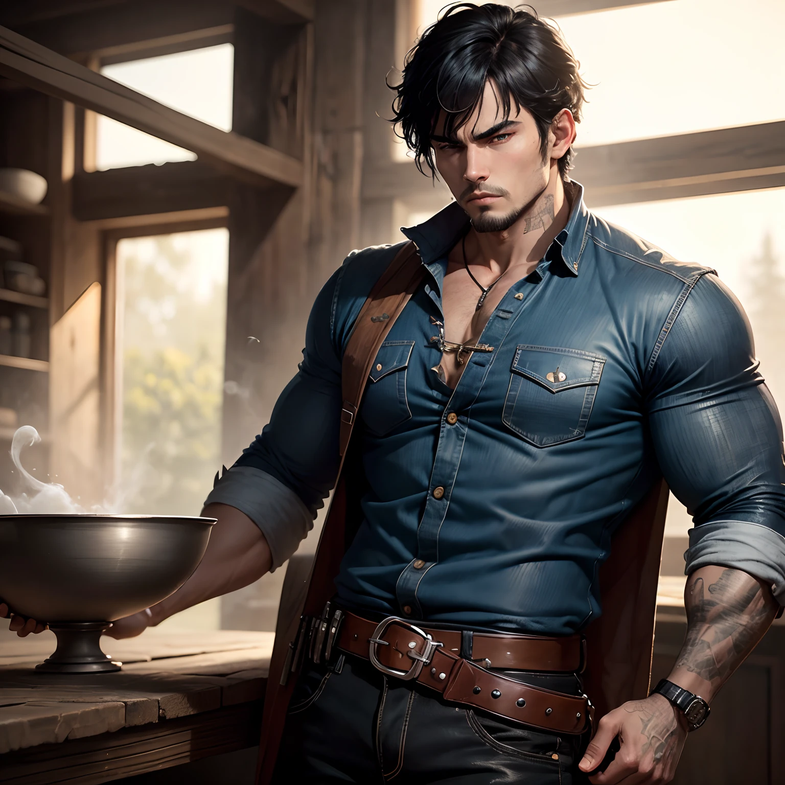 8k, masterpiece, best quality, realistic, higly detailed, cowboy shot, 1boy, solo, Fuutarou, young man, fair skin, black hair, bowl cut, two strands sticking up from the back of his head, bangs that cover his forehead, blue eyes, slim physique, tall build, tends to slouch, serious expression, scary and thuggish vibe, bad guy, Boar of Gluttony