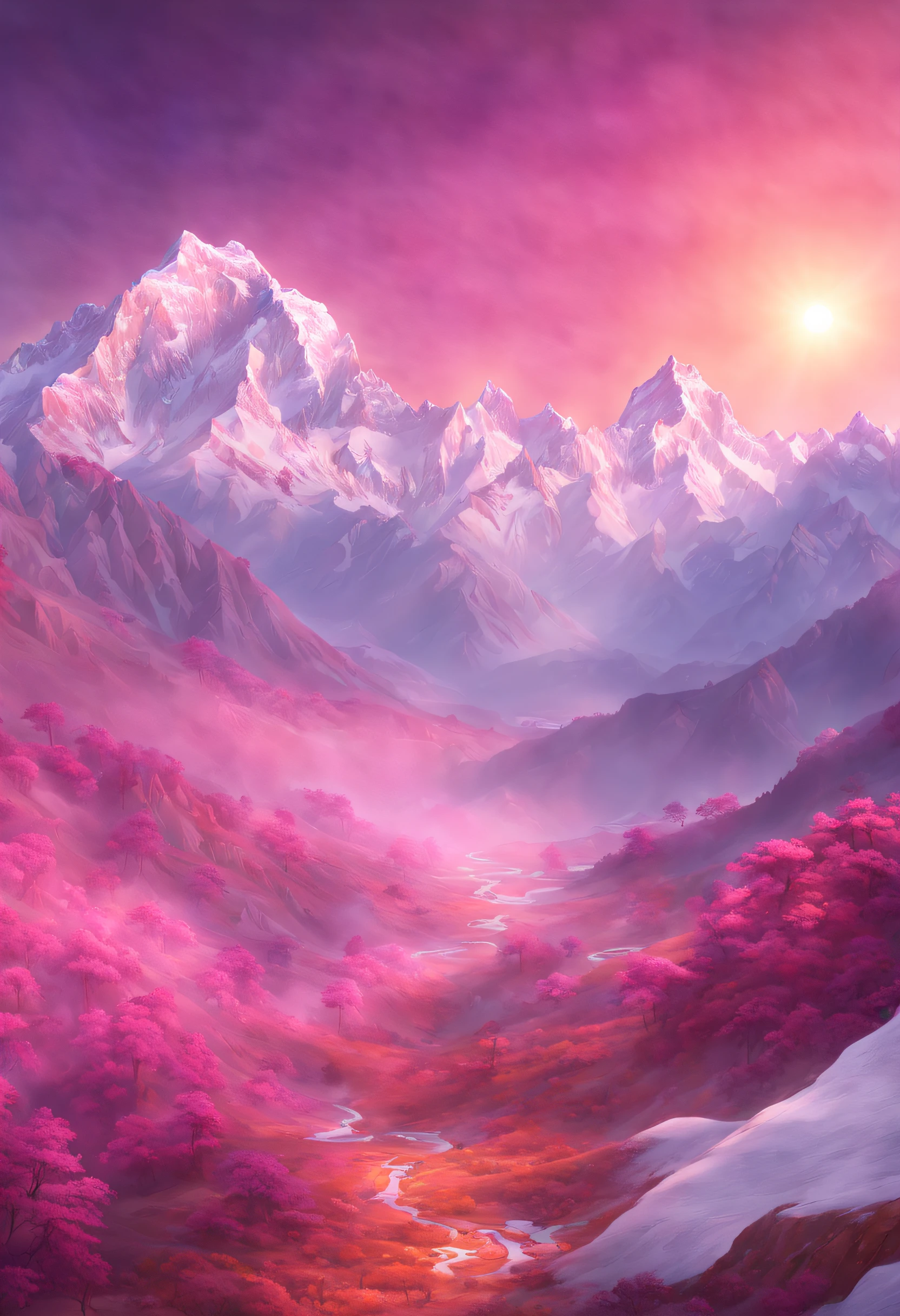Subject Description: A surreal and dreamlike depiction of the sunrise over the majestic peaks of the Himalayas, as the sun's rays paint the snow-capped mountains in hues of pink, orange, and purple.
Type of Image: Digital Illustration
Art Styles: Surrealism, Fantasy
Art Inspirations: Salvador Dali, Rene Magritte
Camera: Wide Angle Lens
Shot: Medium Shot
Render Related Information: Hyper Detailed, Soft Lighting, Pastel Colors
Location: Himalayas