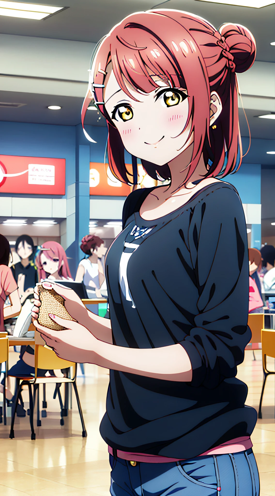 high quality, best quality, masterpiece, absurdres, ayumu uehara, 1girl, Anime-style color grading, bushiroad studio coloring style, yellow eyes, medium hair, braided bun, pink hair, casual clothes, foodcourt, talking, smilling