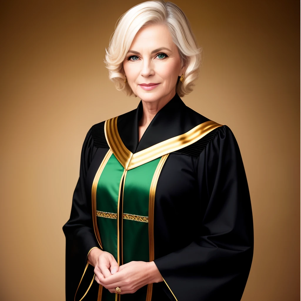 It creates an image of a 55-year-old blonde woman wearing a black graduation gown with a gold bib and gold straps and green and embroidered straps on the sleeves.
